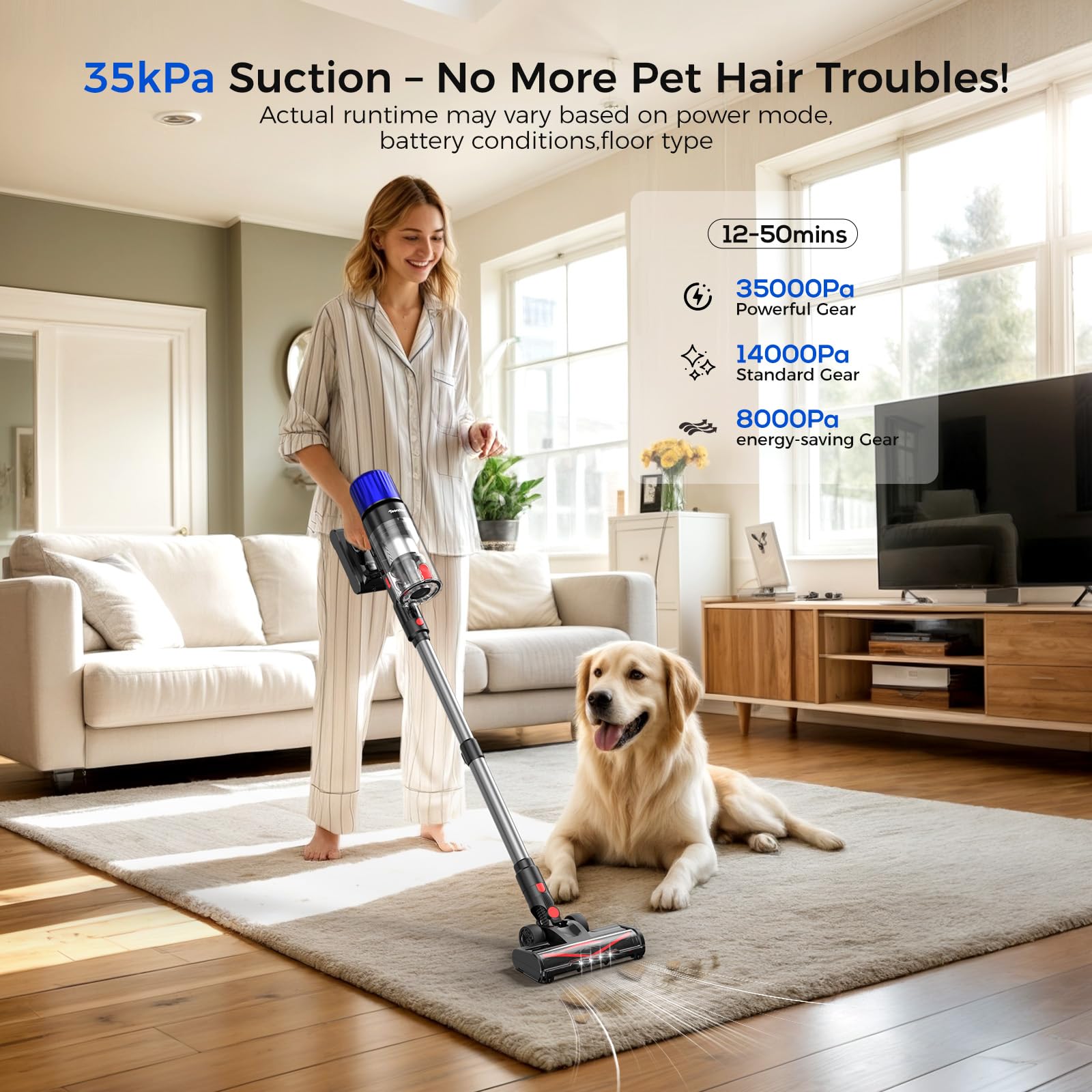 Teendow Cordless Vacuum Cleaner, 500W 50 Minutes Runtime Stick Vacuum for Pet Hair, Powerful Suction, Rechargeable, Lightweight, Handheld Vacuum Versatile for Carpet, Hard Floor (Starry Gray)