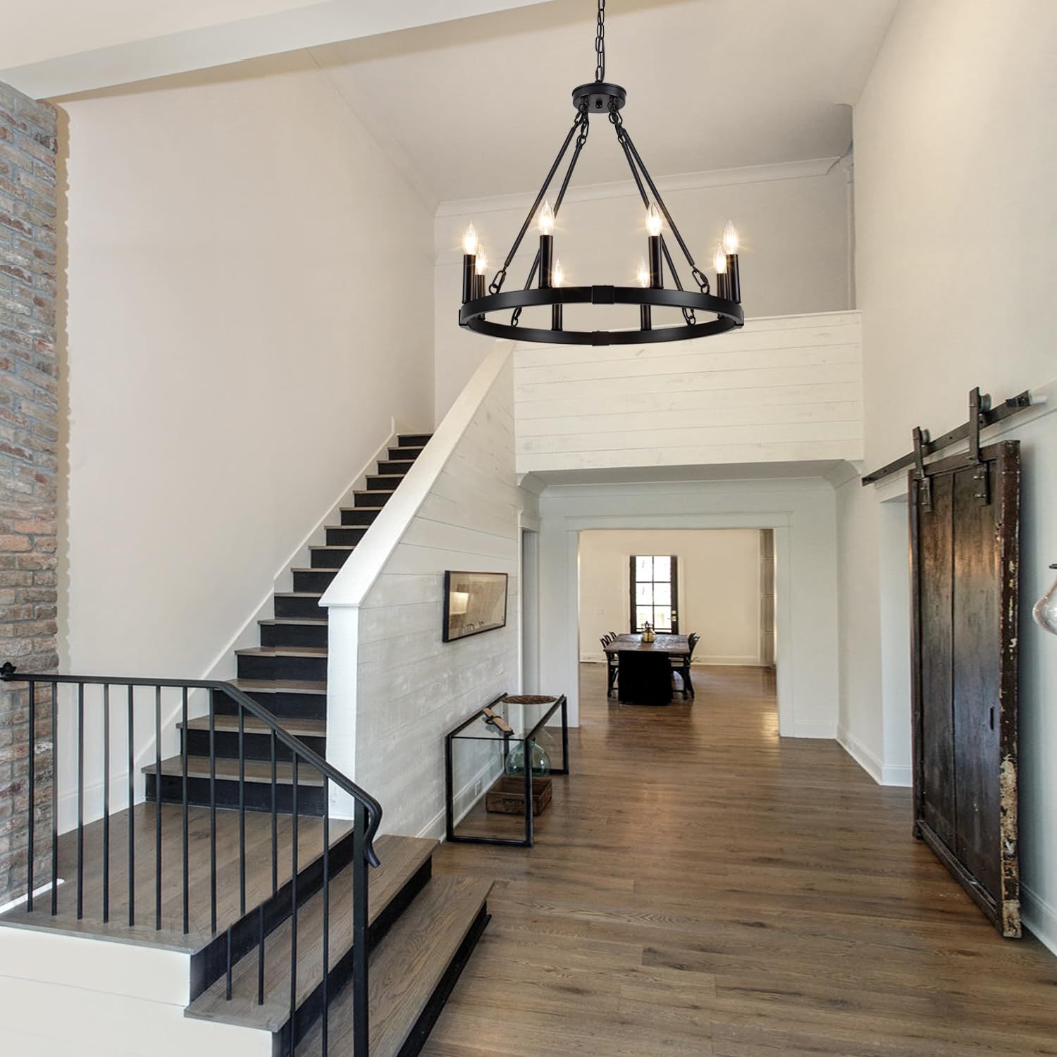 8-Light Wagon Wheel Chandelier, Black Farmhouse Chandelier for Dining Room