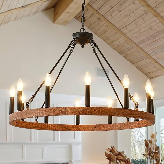 Wagon Wheel Chandelier 32" 12-Light, Round Black Chandeliers Farmhouse Modern