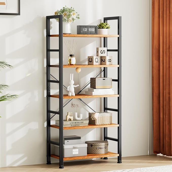 Book Shelf, 5 Tier Bookcase, Modern Tall Bookshelf for Garage Kit, CDs