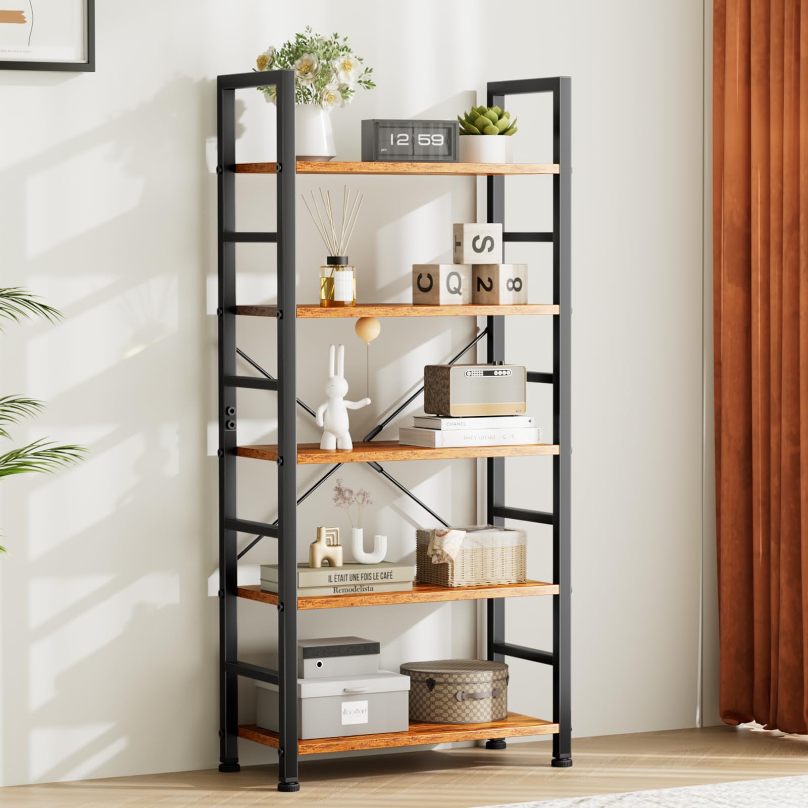 Book Shelf, 5 Tier Bookcase, Modern Tall Bookshelf for Garage Kit, CDs