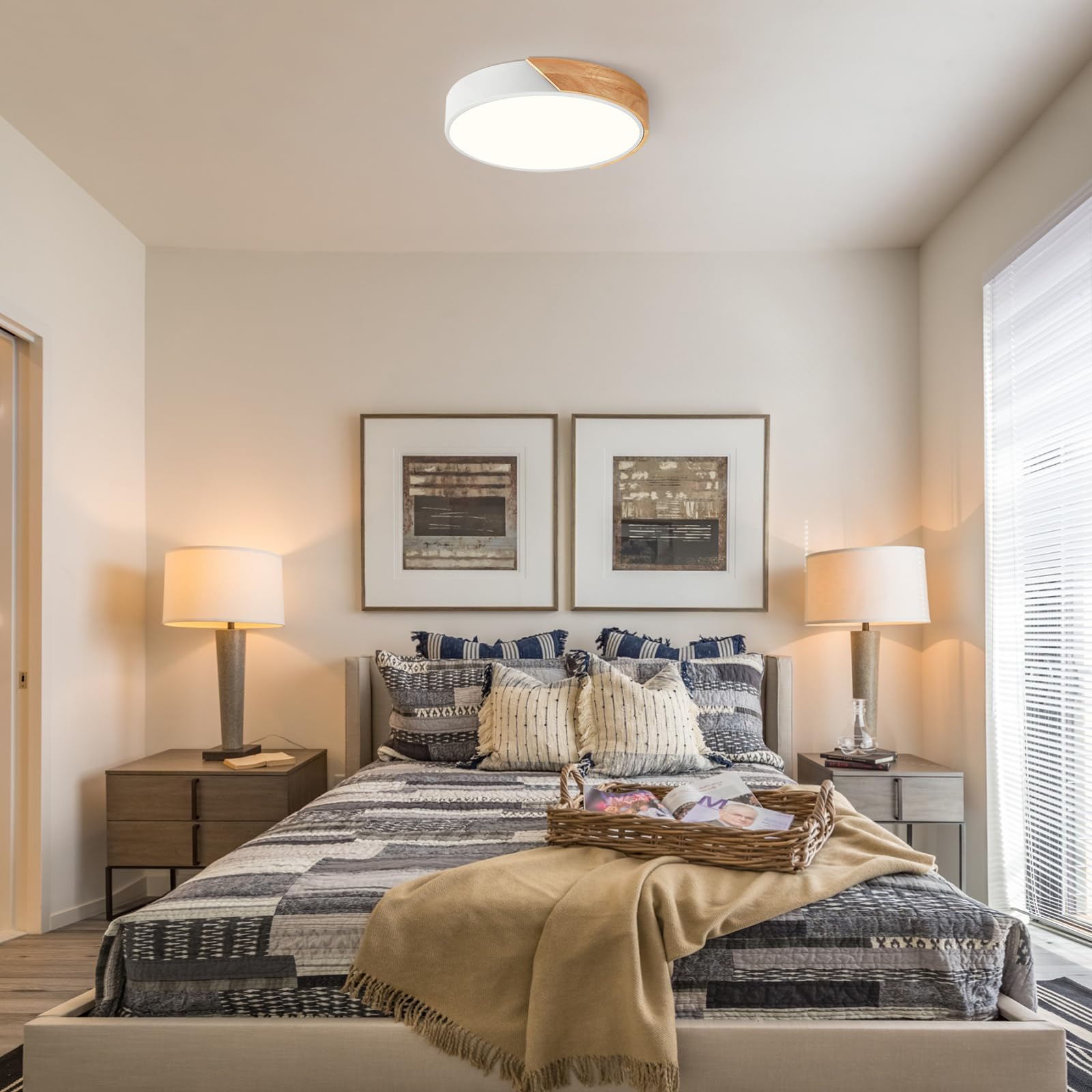 Modern Dimmable White Flush Mount Ceiling Light Wood Close to Ceiling Lights
