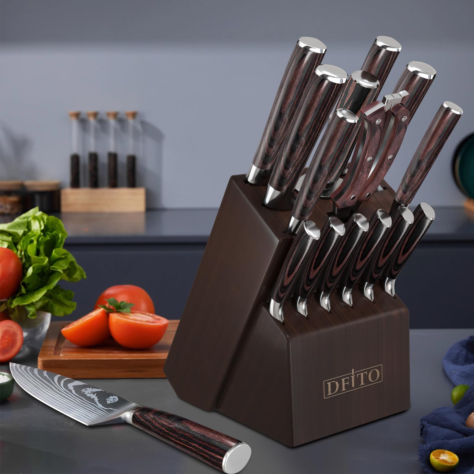 Knife Block Set,15 PCS Knife Set with Block and Sharpener,High Carbon Stainless Steel Sharp