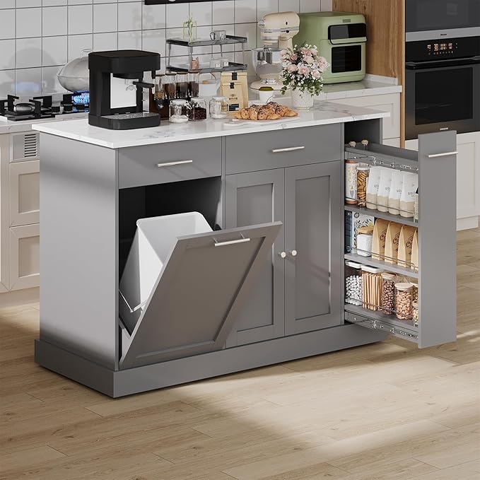 Kichen Island with Trash Can Storage, Kitchen Island Cart with Spice Rack & Towel Rack