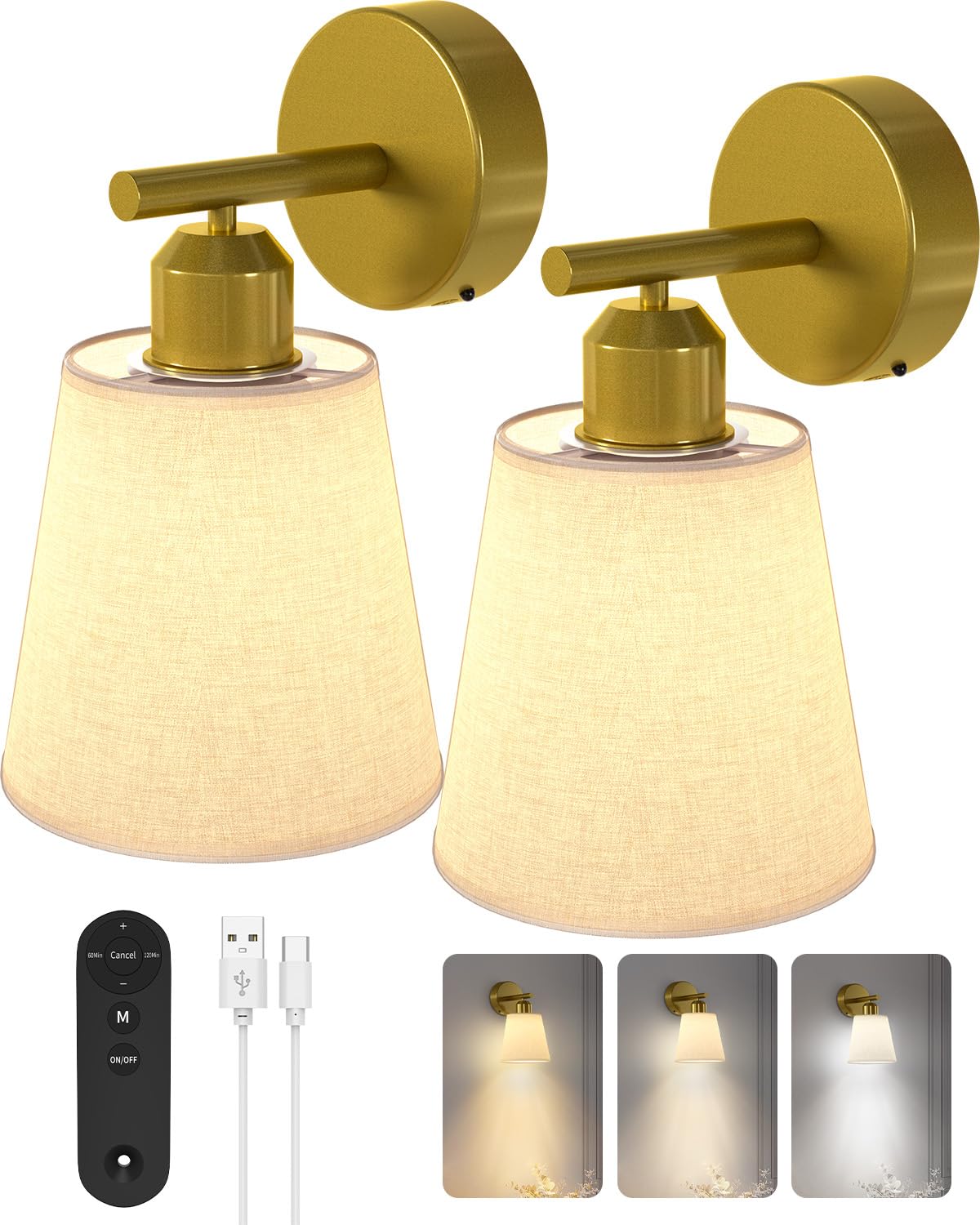 Wall Sconces Set of 2, 6000mAh Battery Operated Wall Sconce with 3 Color