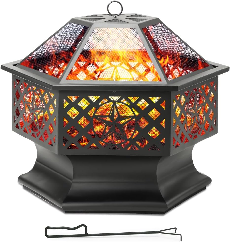 33 Inch Outdoor Fire Pit, Hexagon Shaped Wood Burning Fire pits for Outside
