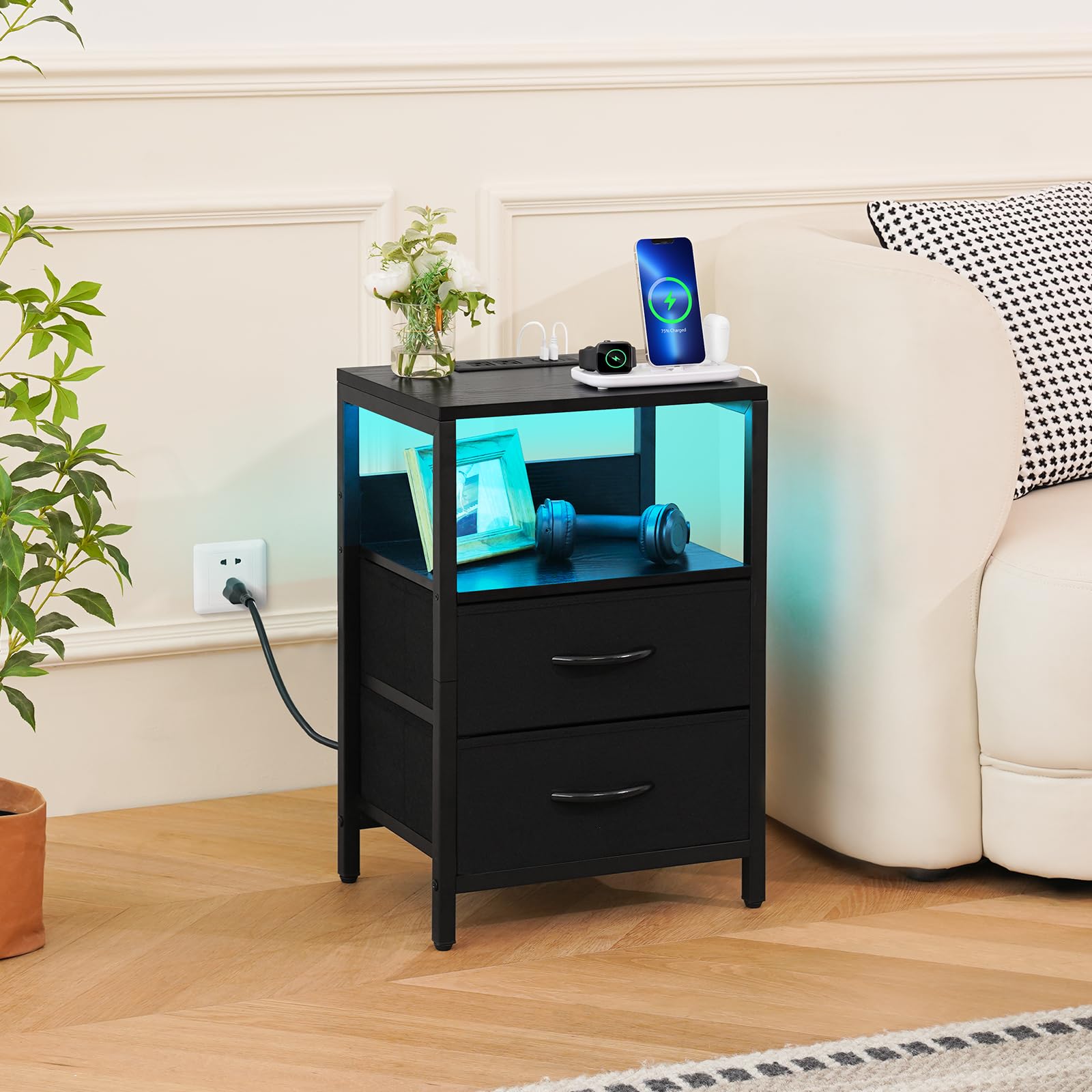 Nightstand with Charging Station, LED Night Stand with Fabric Drawers