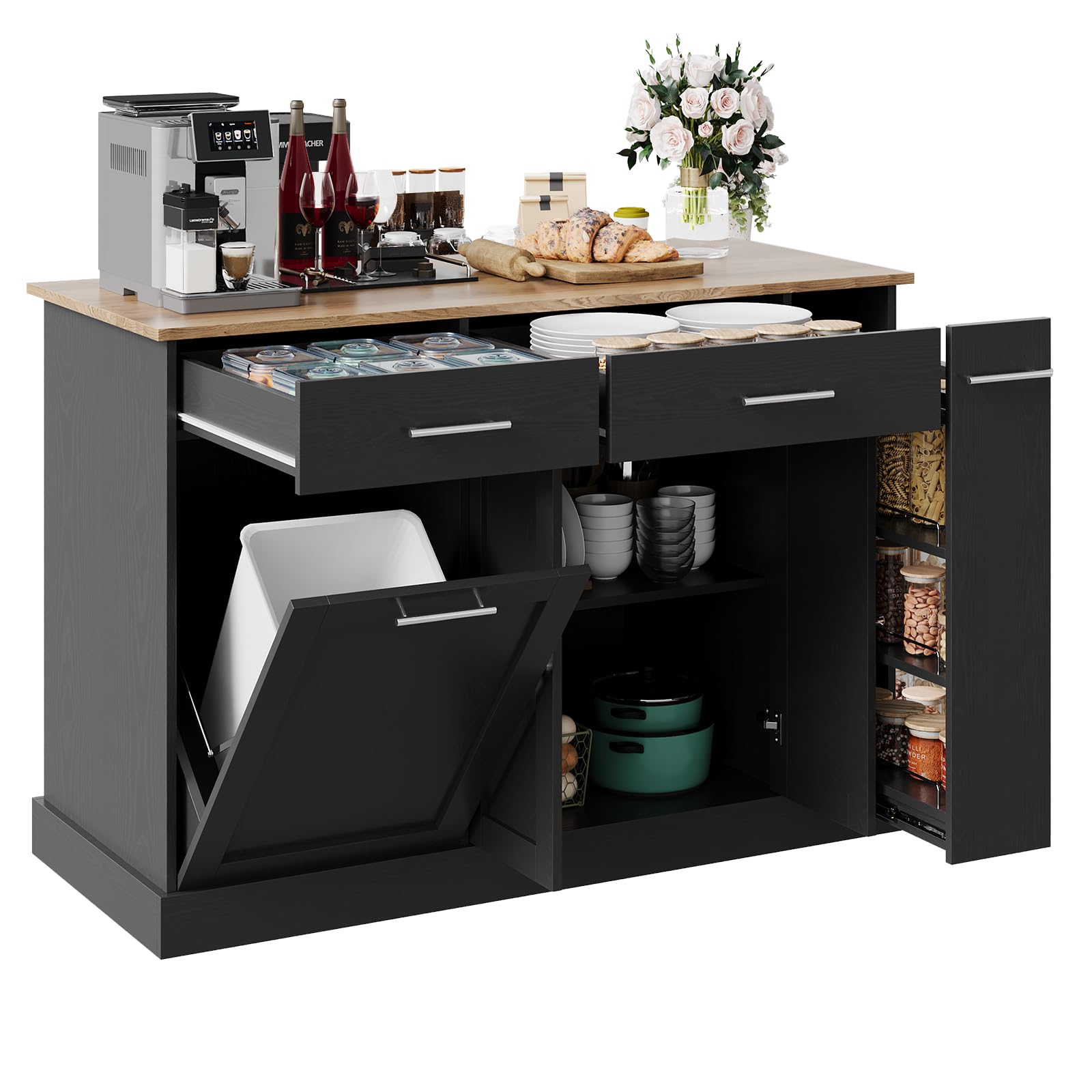 Kichen Island with Trash Can Storage, Kitchen Island Cart with Spice Rack & Towel Rack