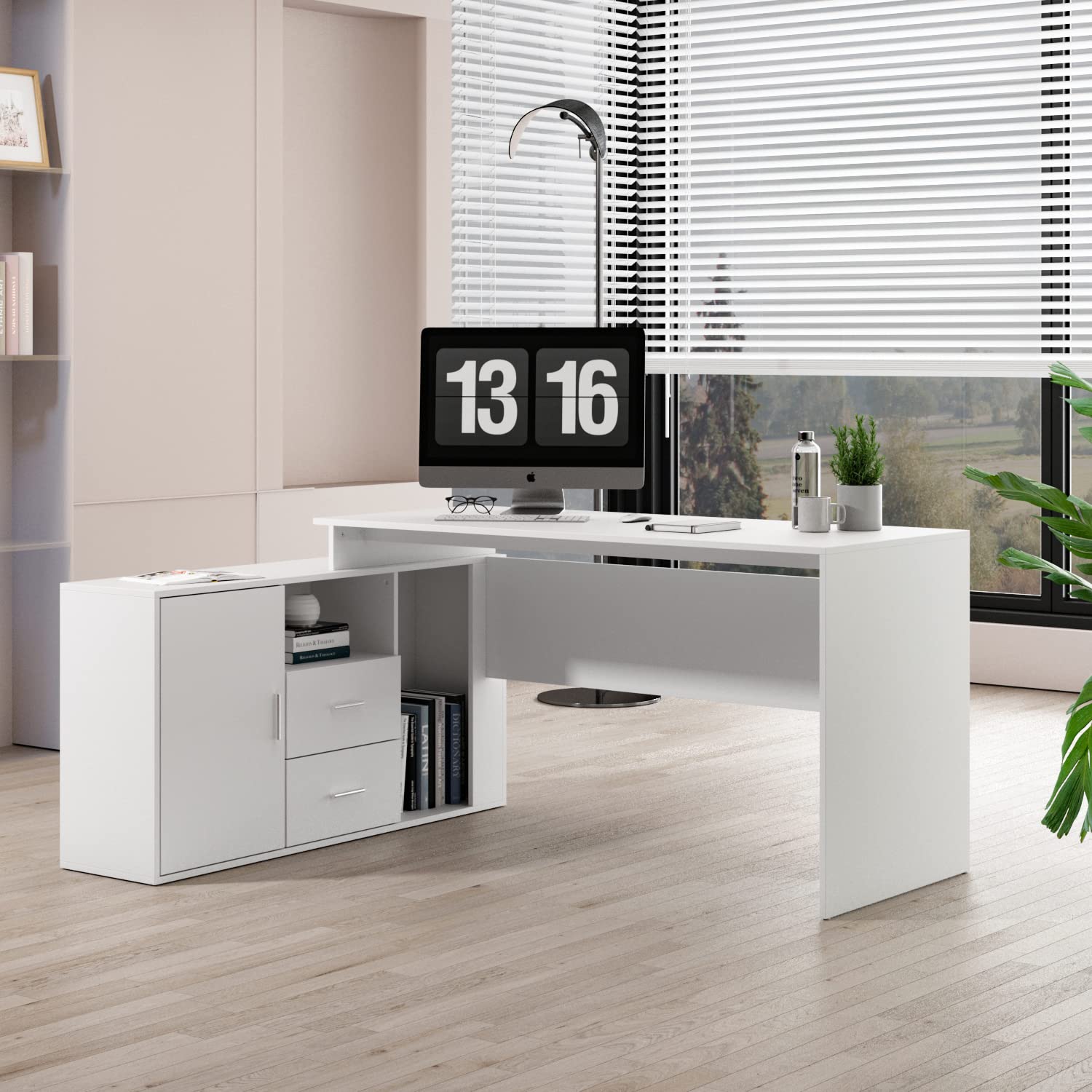 Home Office Computer Desk Corner Desk with 2 Drawers and 2 Open Cubes