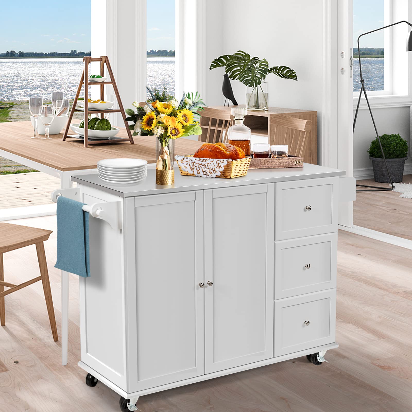 Island cart on Wheels, Mobile Serving Cart w/Stainless Steel Countertop