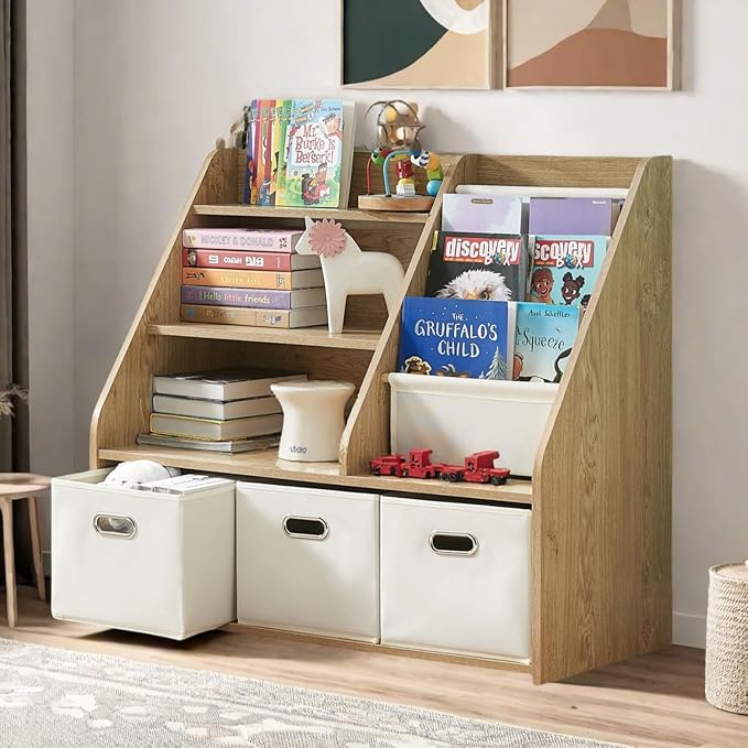 Kids Bookshelf with Storage Bins, Toy Storage Organizer with Drawers