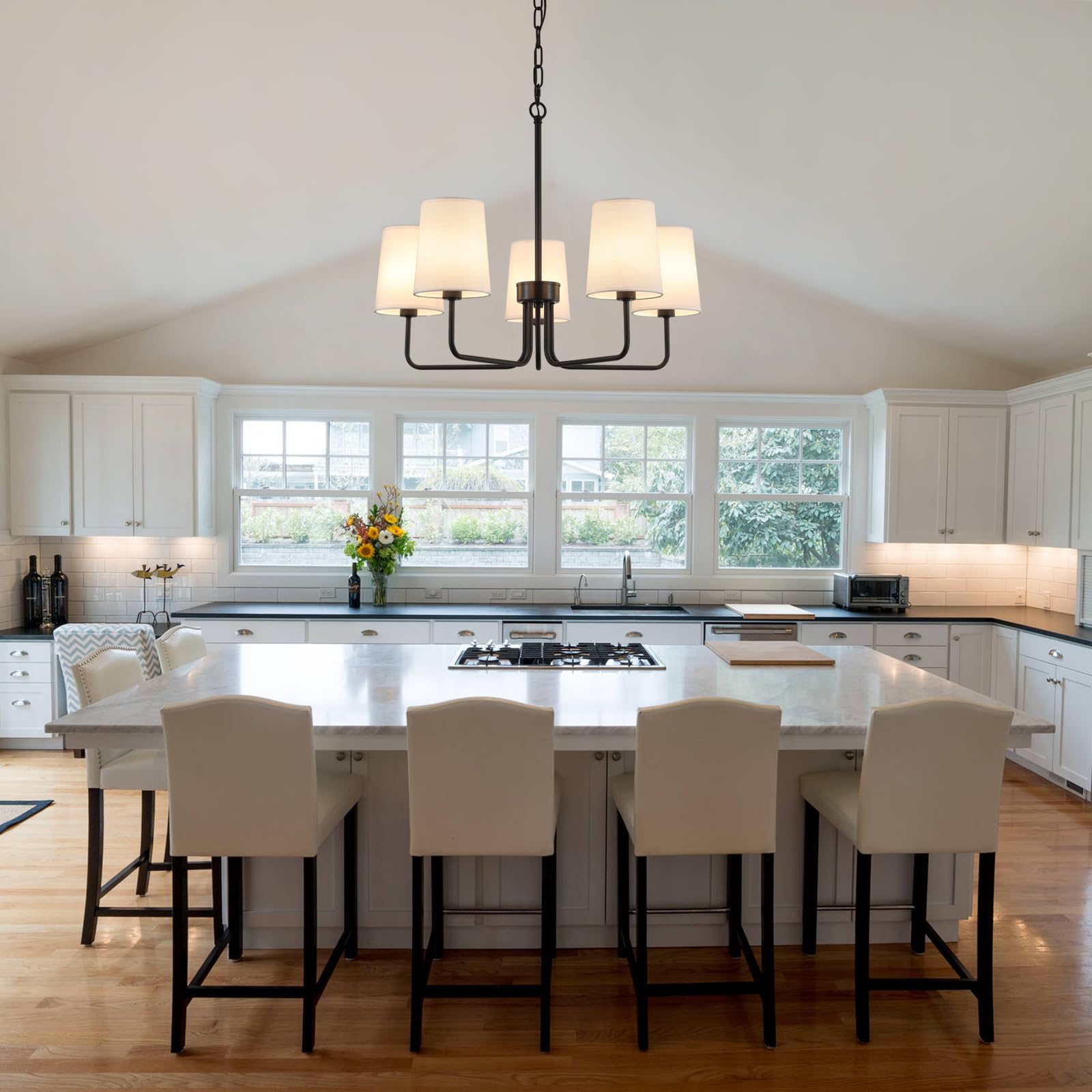 AMZASA Farmhouse Chandelier, Matte Black with White Fabric Shade, Farmhouse Linear Island Lighting Fixture for Kitchen, Dining Room (5-Light Matte Black with Fabric Shades)