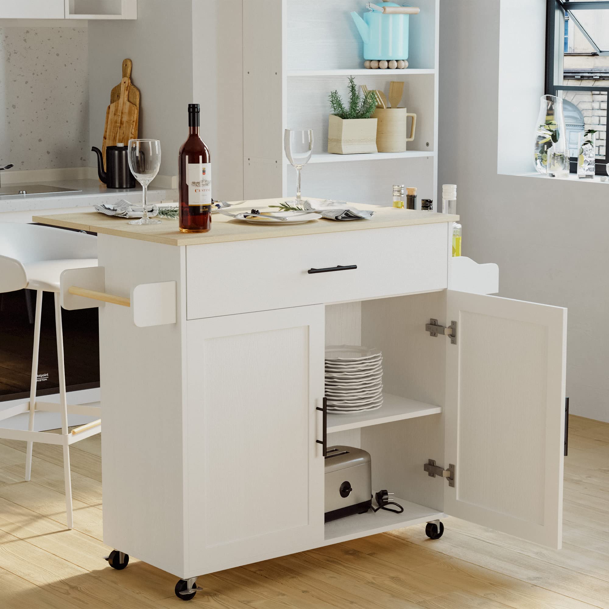Rolling Kitchen Island Table on Wheels with Drop Leaf, Storage Cabinet