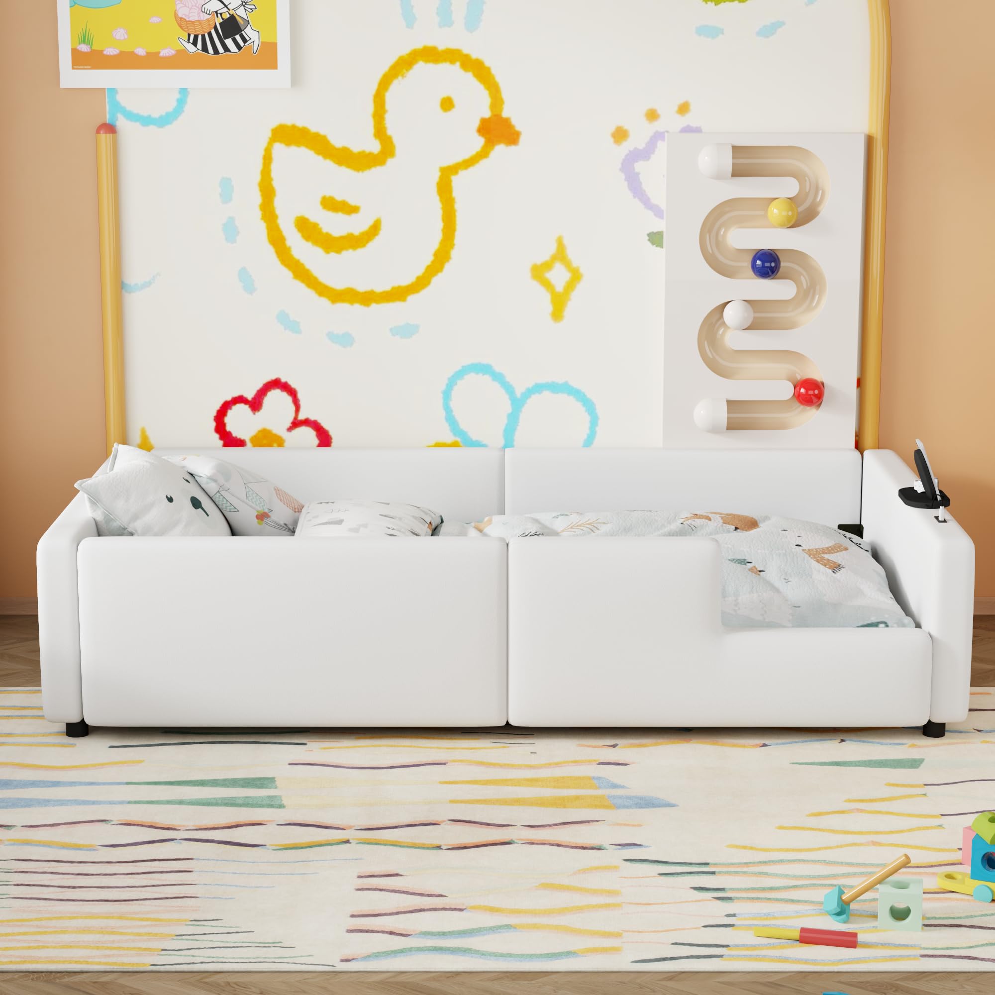 Twin Size Upholstered Floor Bed with Guardrail, Cute Platform Bed