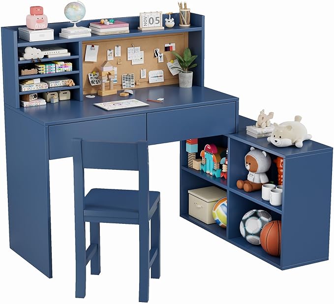 Desk and Chair Set, Kids Study Table and Chair Set with 2 Draws & 4 Cabinets