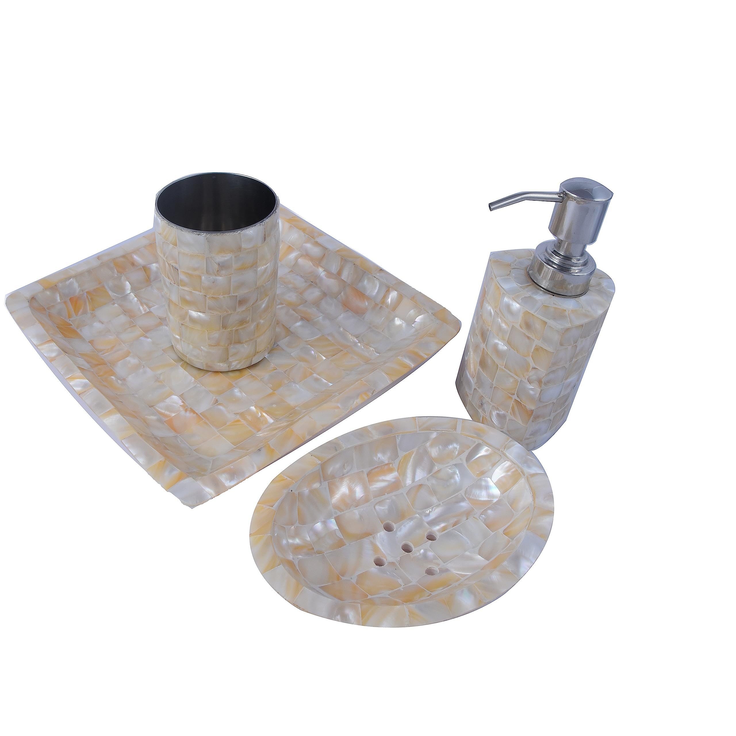 Unique 4-Piece Houseware Mother of Pearl & Steel Countertop Hand Liquid Soap/Lotion