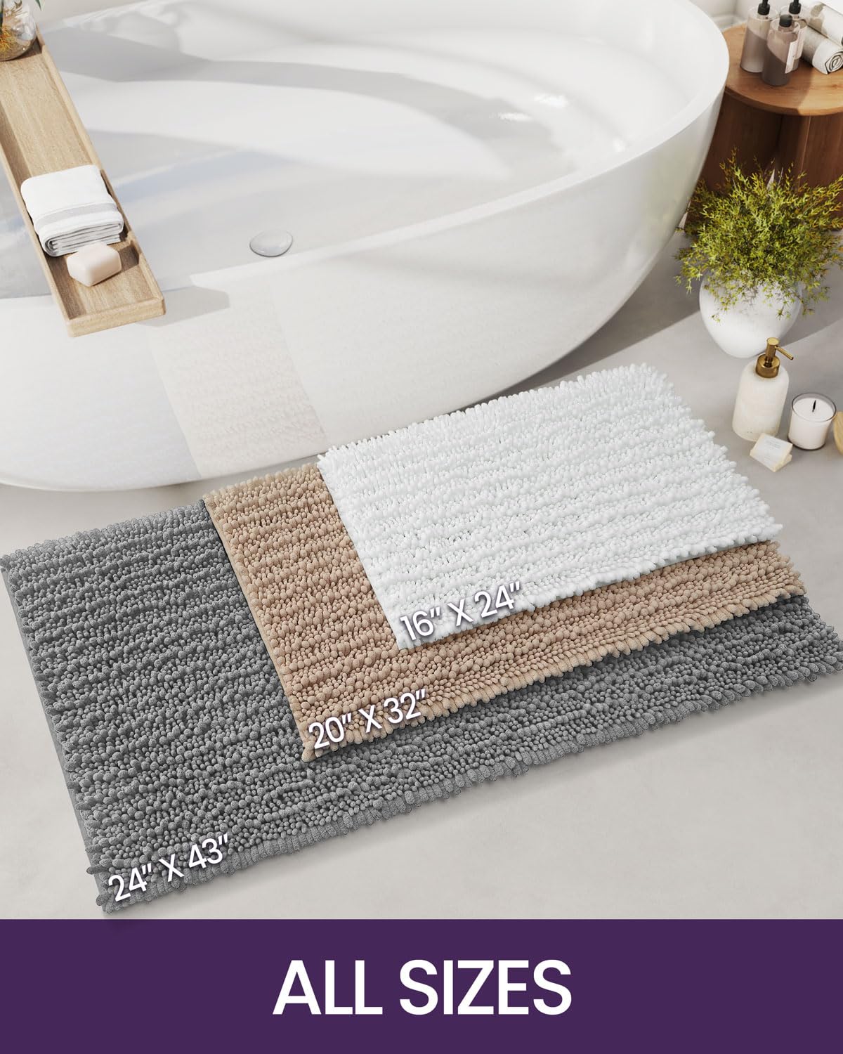 DEXI Bathroom Rug 24x43, Super Soft Thick Chenille Absorbent Bath Mat, Non Slip Machine Washable Fluffy Shag Bathmat for Tub, Shower Floor, Black