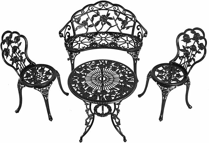 Cast Aluminum Bistro Set of 4, Patio Rose Table and Chair Set with Umbrella Hole