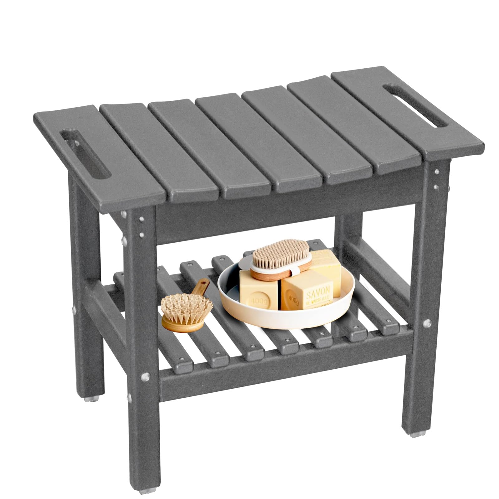 Restcozi HDPE Shower Bench Inside Shower Stool with Space-Efficient Storage Shelf, Shower Bath Chairs Spa Stool for Bathroom - Great for All Ages Unisex Elderly (Grey, Large & 19.3 * 11.8 * 17.3)