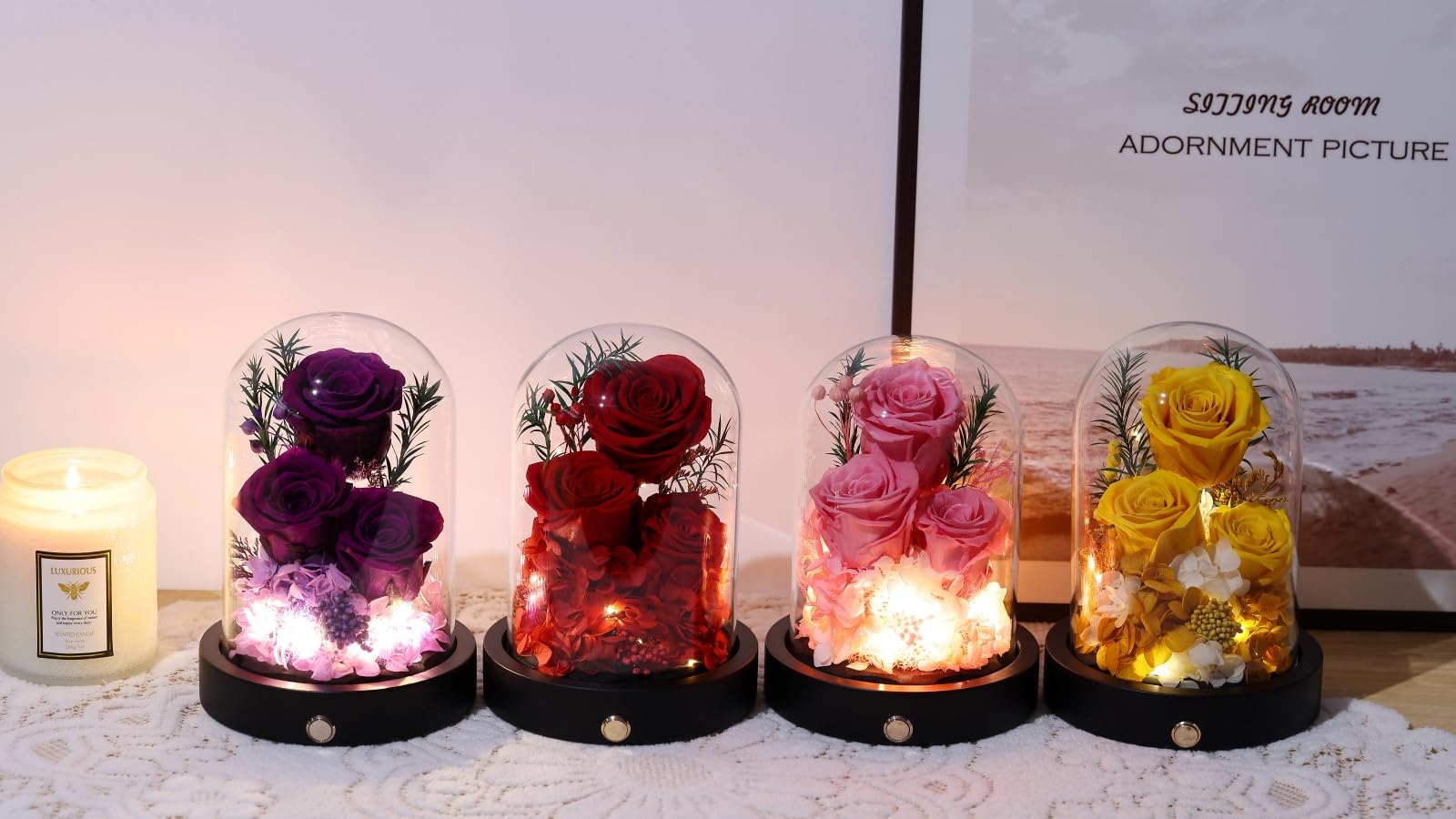 Flowers for Delivery, 3 Yellow Forever Roses in Glass Dome with LED, Preserved Real Rose