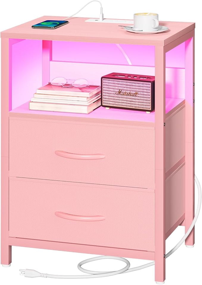 Nightstand with Charging Station, LED Night Stand with Fabric Drawers