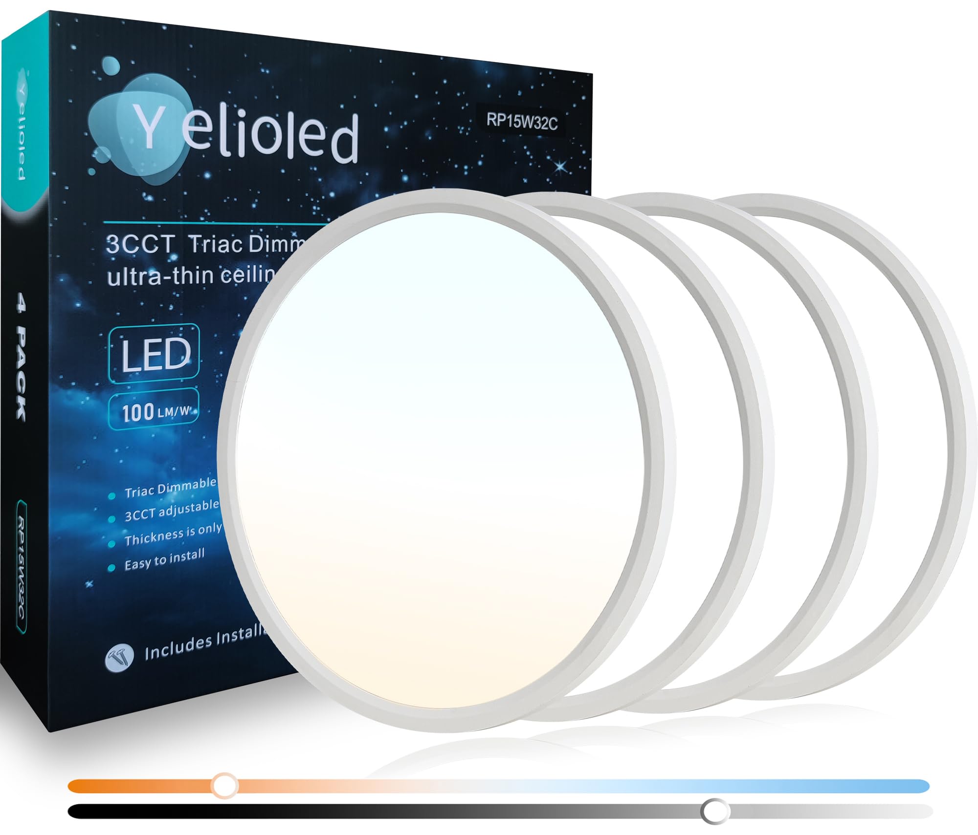 15.8'' Dimmable LED Flush Mount Ceiling Light – 3000K/4000K/5000K CCT Selectable for Bedroom, Living Room, Kitchen, Office, 32W 3200LM, Modern Light Fixtures (4 Pack, White)