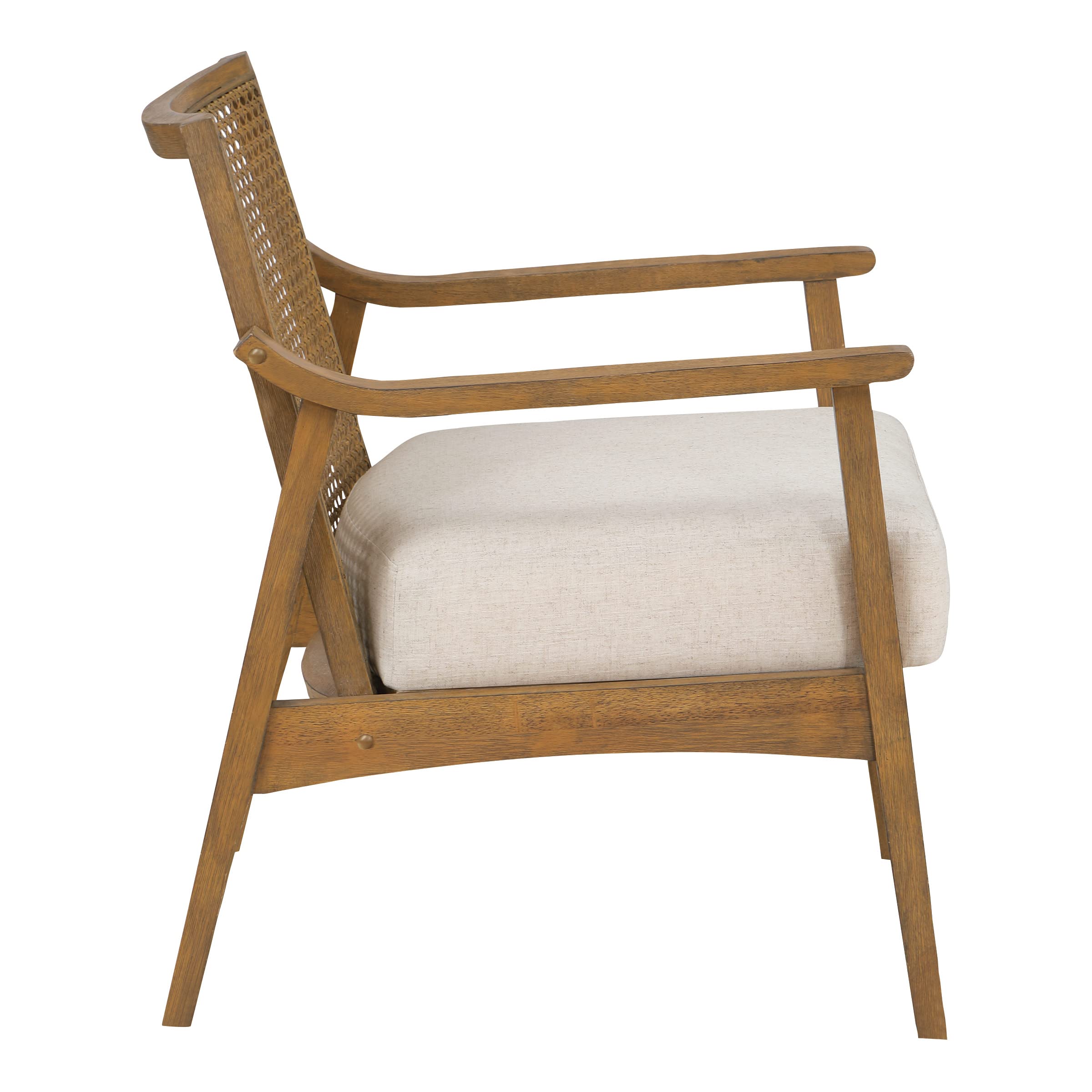 Alania Wood Accent Chair with Cane Back, Arms and Padded Seat, Linen Fabric