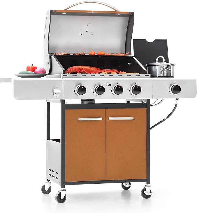 4-Burner Propane Gas BBQ Grill with Side Burner & Porcelain-Enameled Cast Iron Grates