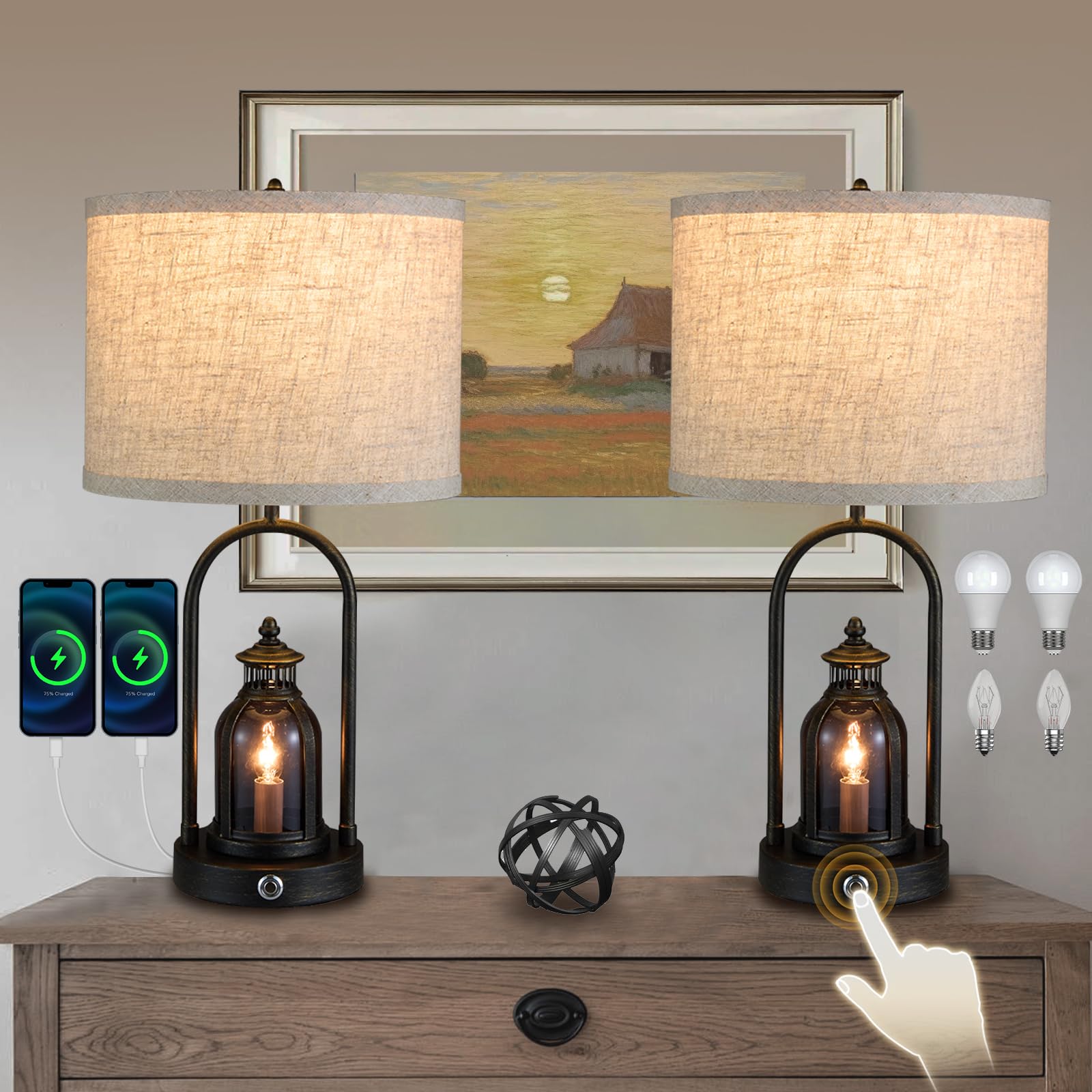 Table Lamps for Living Room Set of 2, Rustic Vintage Bedroom Nightstand