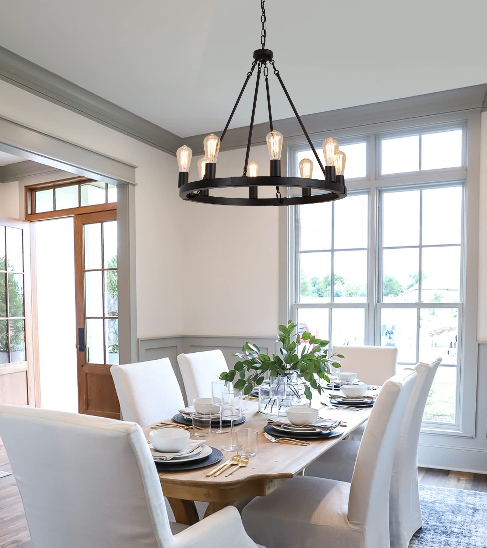 Farmhouse 8-Lights Black Industrial Wagon Wheel Chandelier Light Fixture for Foyer