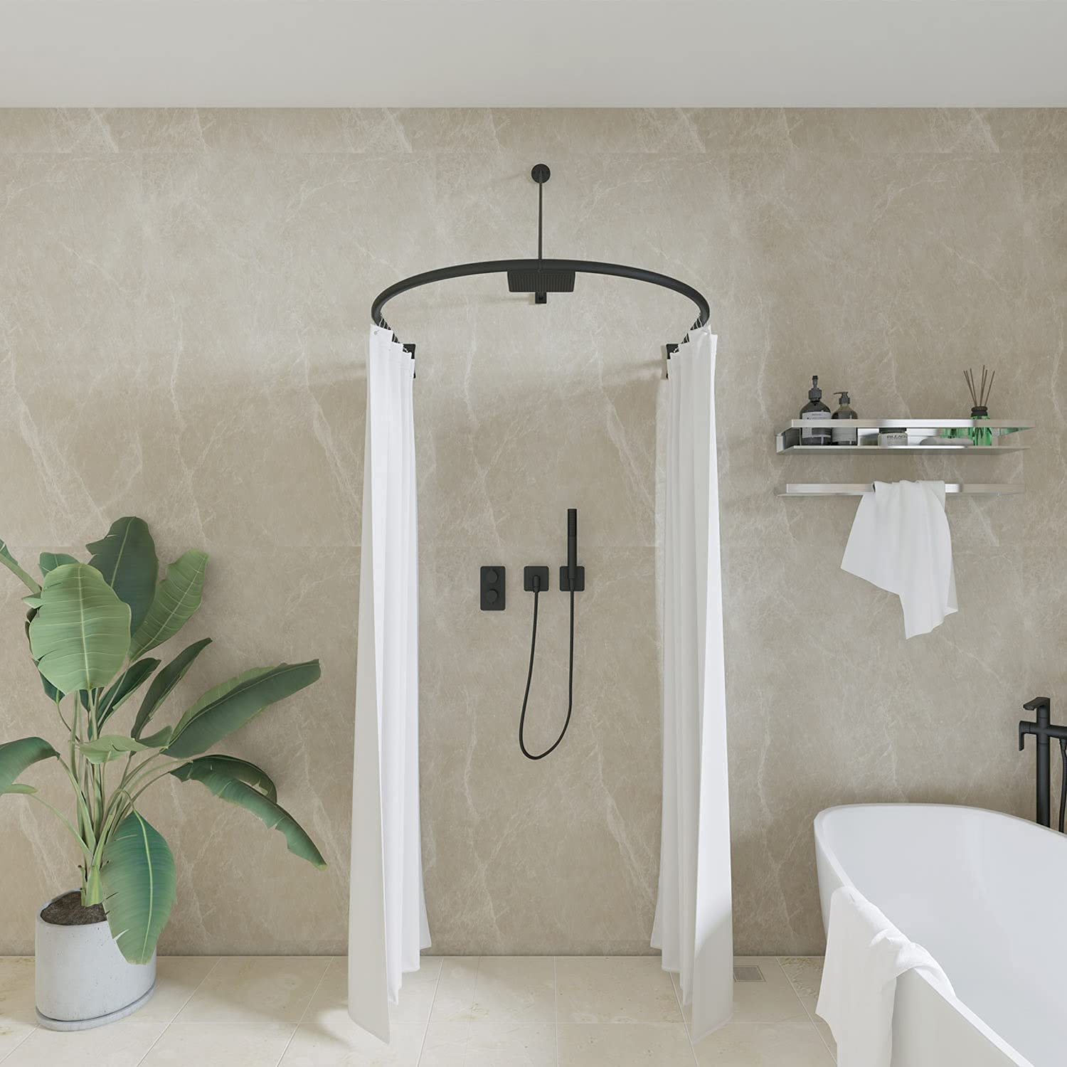 Heavy-Duty Half-Oval Stainless Steel Shower Curtain Rod with Swivel Ceiling Support