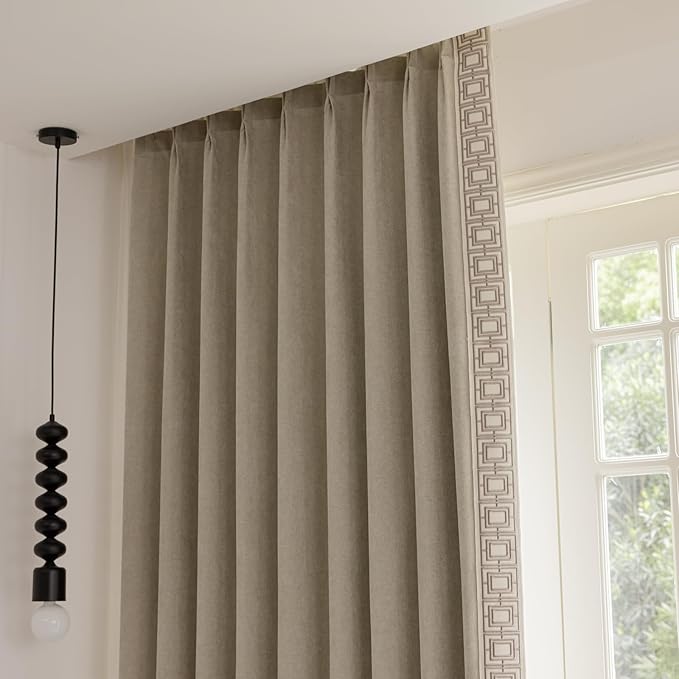 Light Beige Pinch Pleat Curtain Panels with Decorative Trim
