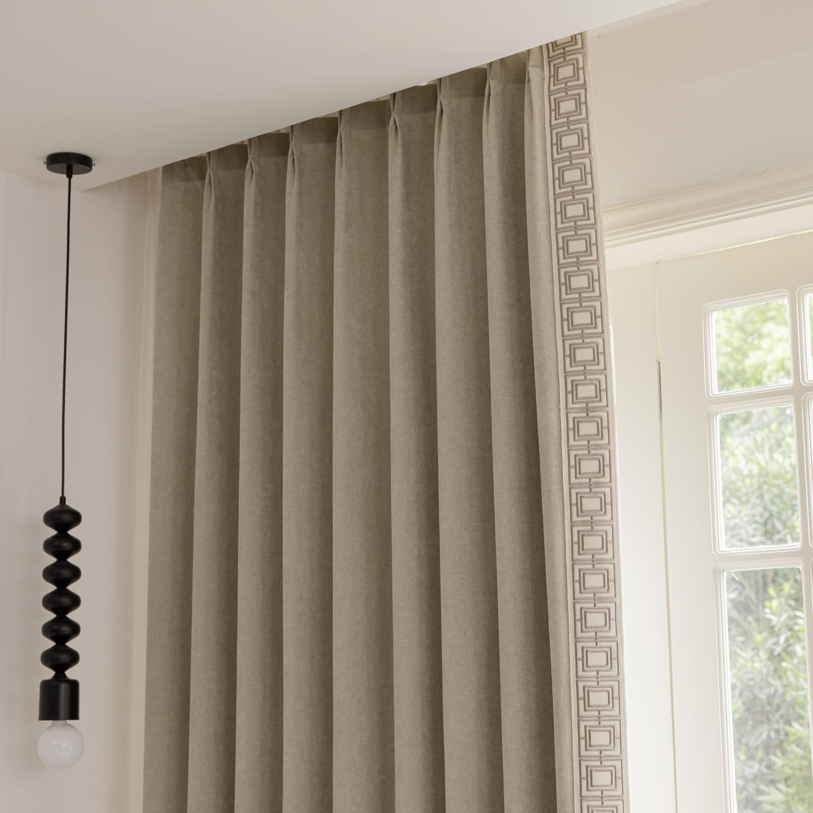 Light Beige Pinch Pleat Curtain Panels with Trim, Cotton Blend Full Blackout Curtains
