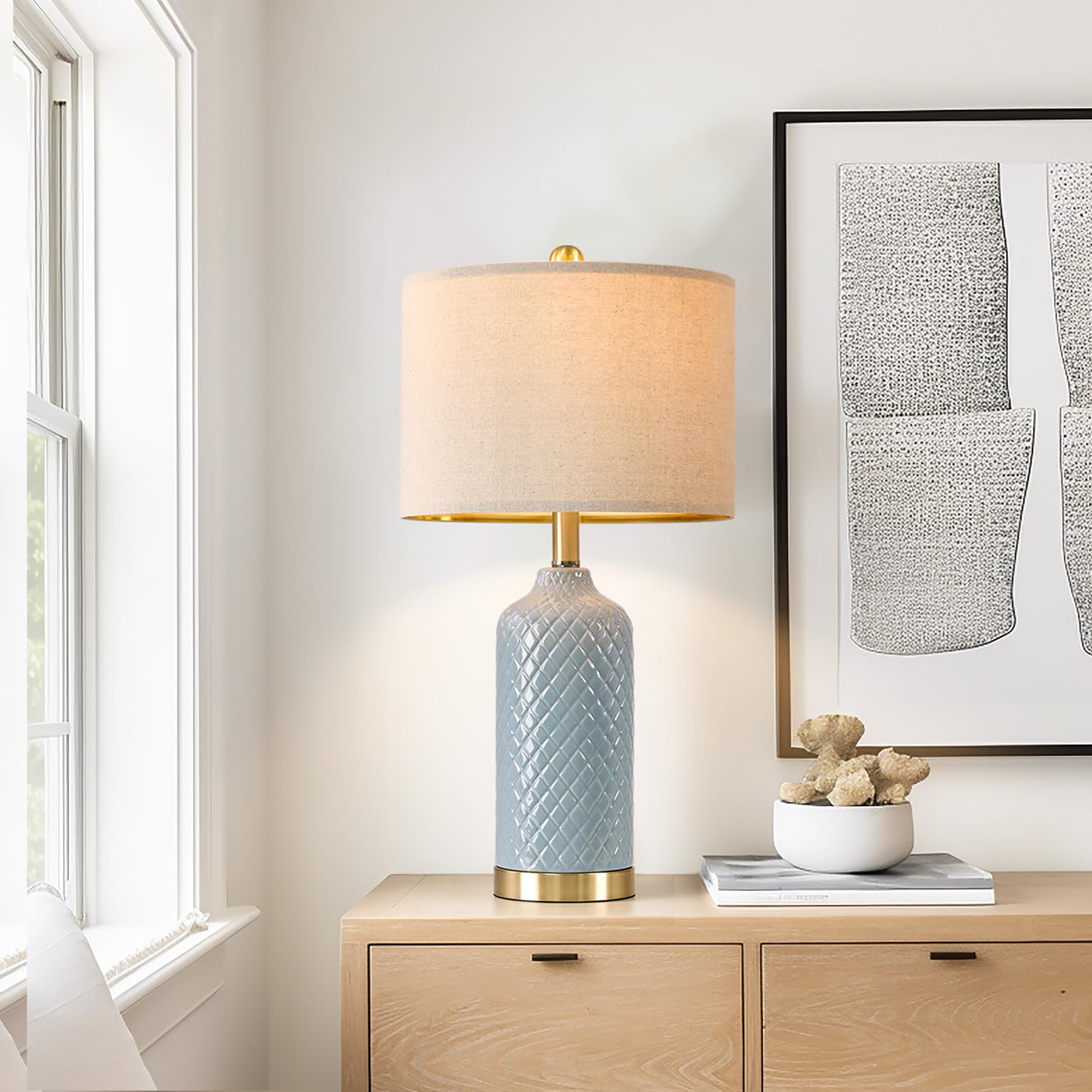 Modern Ceramic Blue Table Lamps Set of 2 for Living Room, Farmhouse