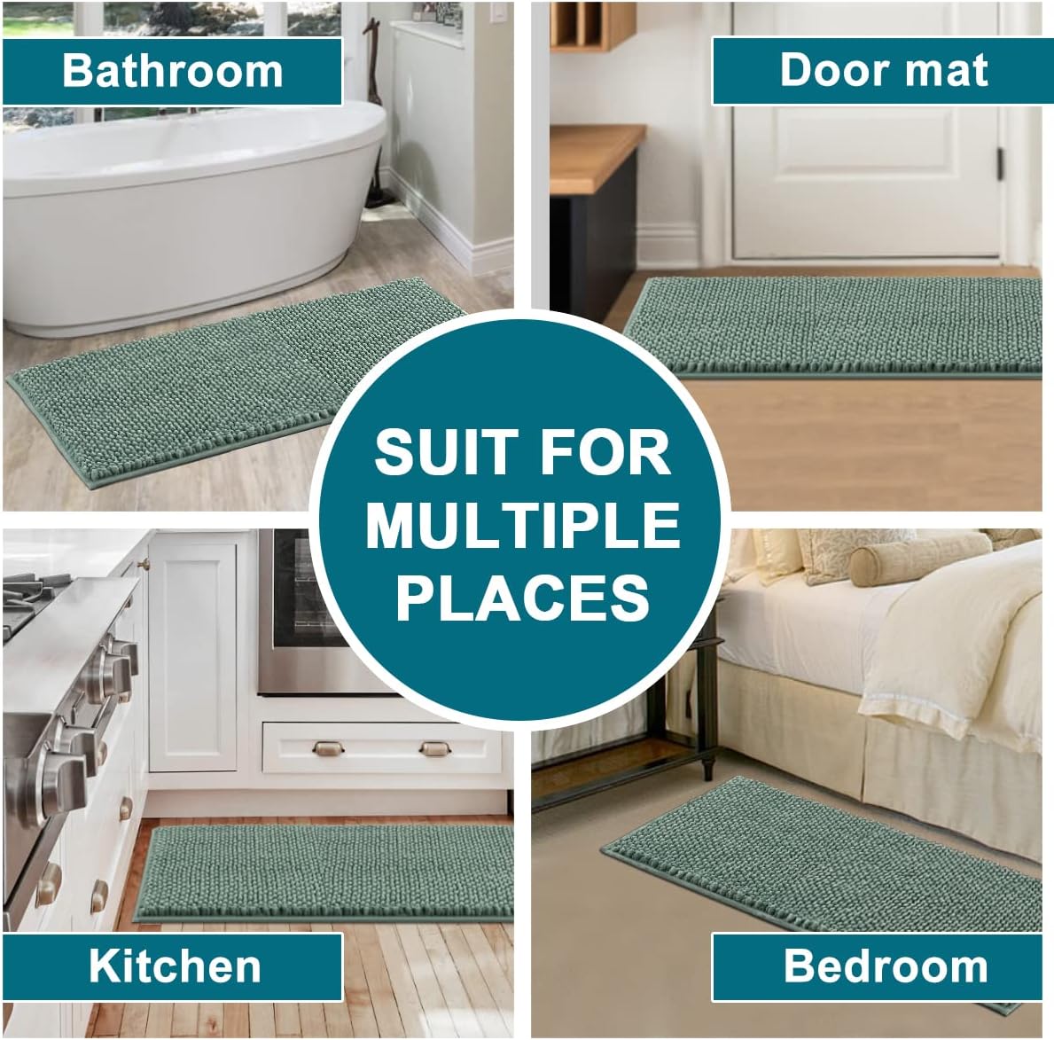 Turquoize Chenille Bath Mat for Bathroom - Non Slip Shaggy Floor Mat for Soft, Absorbent, Thick, Foam backed, 47 x 20 inches, Aqua