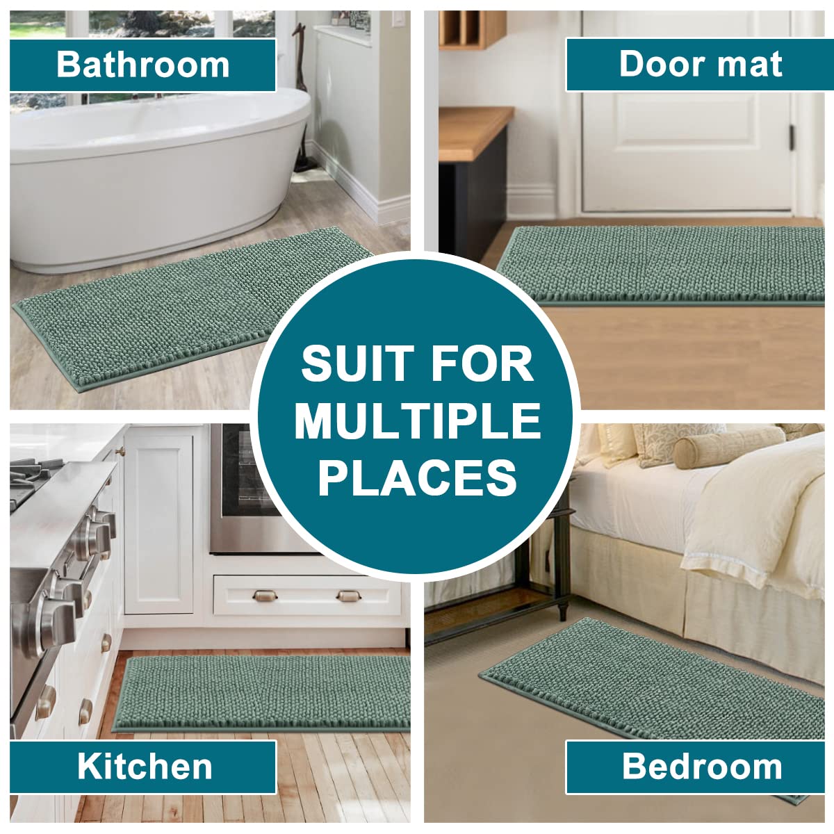Turquoize Chenille Bath Mat for Bathroom - Non Slip Shaggy Floor Mat for Soft, Absorbent, Thick, Foam backed, 47 x 20 inches, Aqua