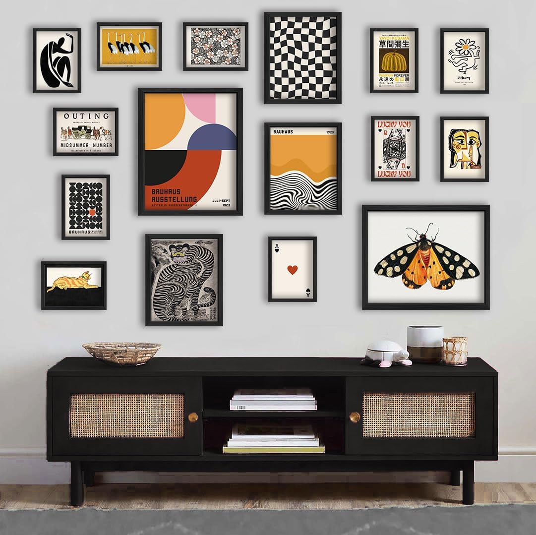 16 PCS Framed Eclectic Wall Art Decor, Modern Maximalist Wall Prints for Bedroom