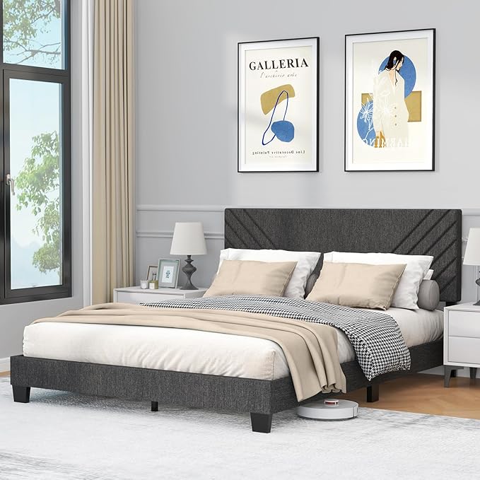 Queen Bed Frame with Headboard, Linen Upholstered Platform Bed Frame