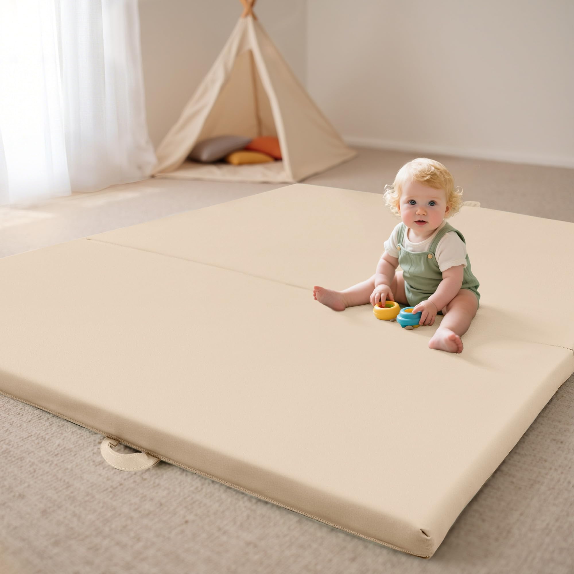 Foldable Baby Play Mats for Floor Vegan Leather 1.5 Inch Extra Thick Foam Play Mat