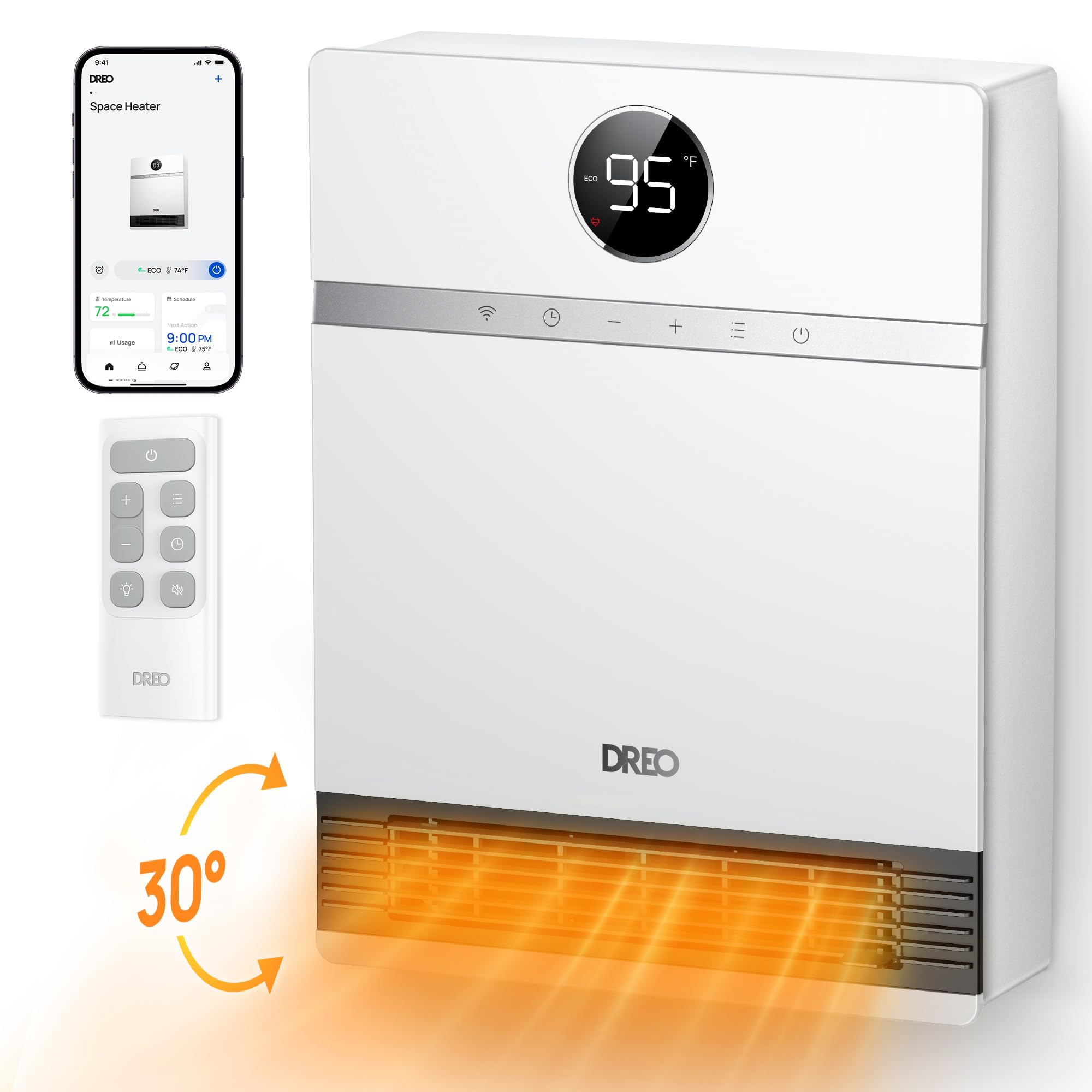 Smart Wall Heater, IP24 Electric PTC Space for Indoor Use, 30 Oscillation