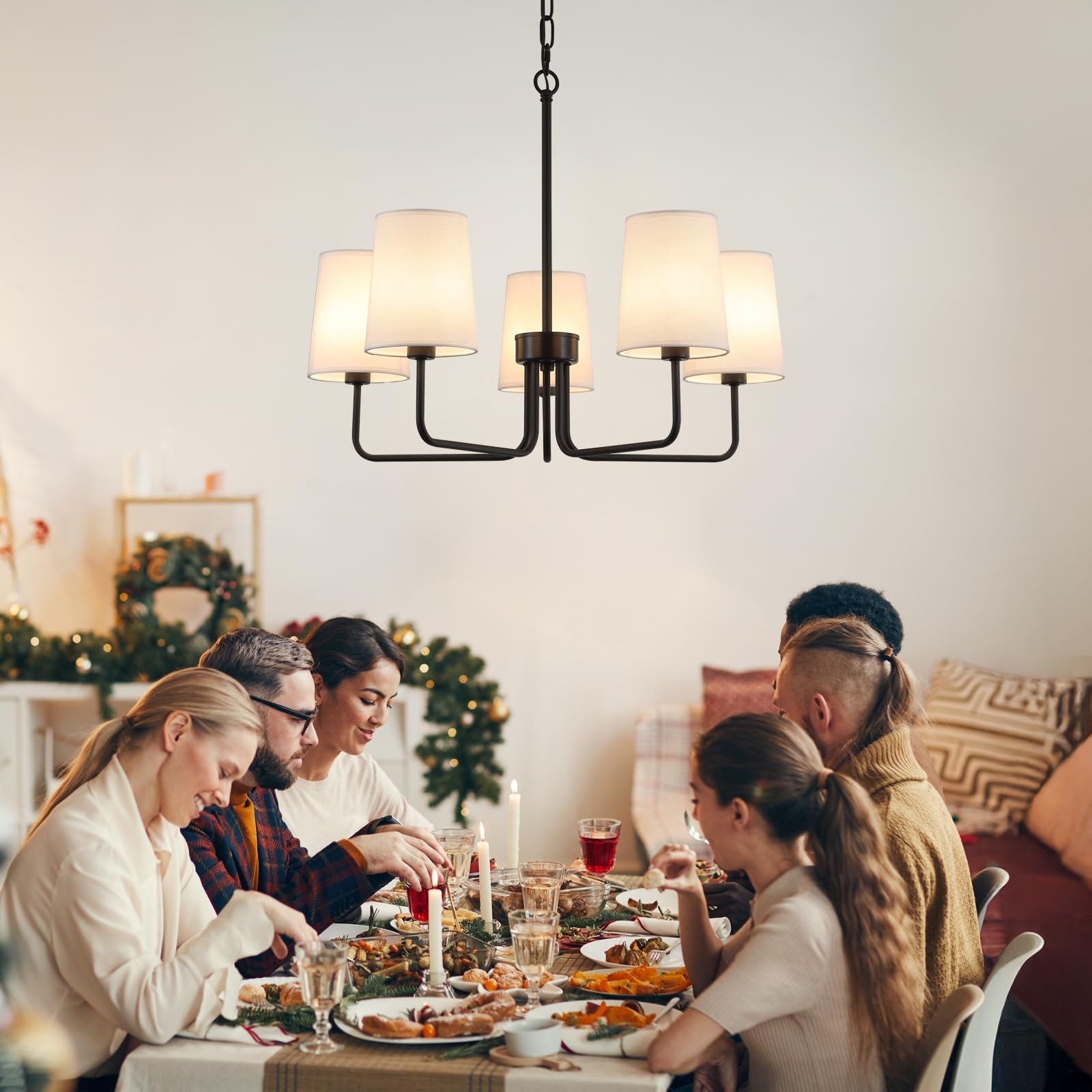 AMZASA Farmhouse Chandelier, Matte Black with White Fabric Shade, Farmhouse Linear Island Lighting Fixture for Kitchen, Dining Room (5-Light Matte Black with Fabric Shades)