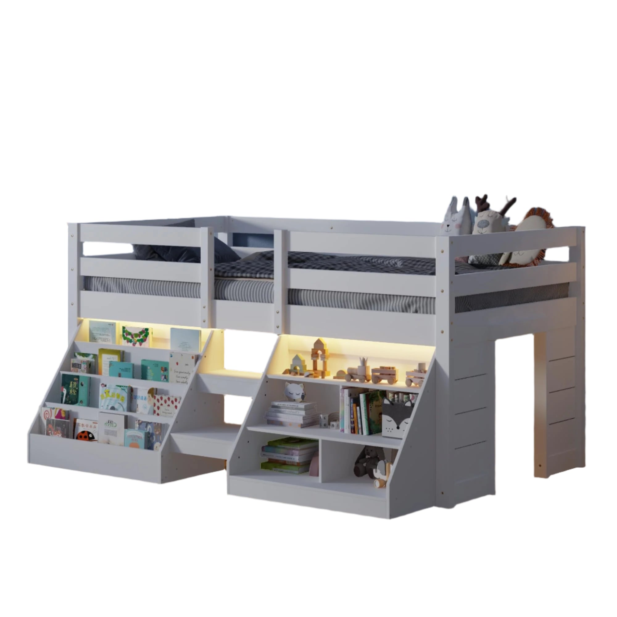 Twin Size Low Loft Bed with Stairs for Kids