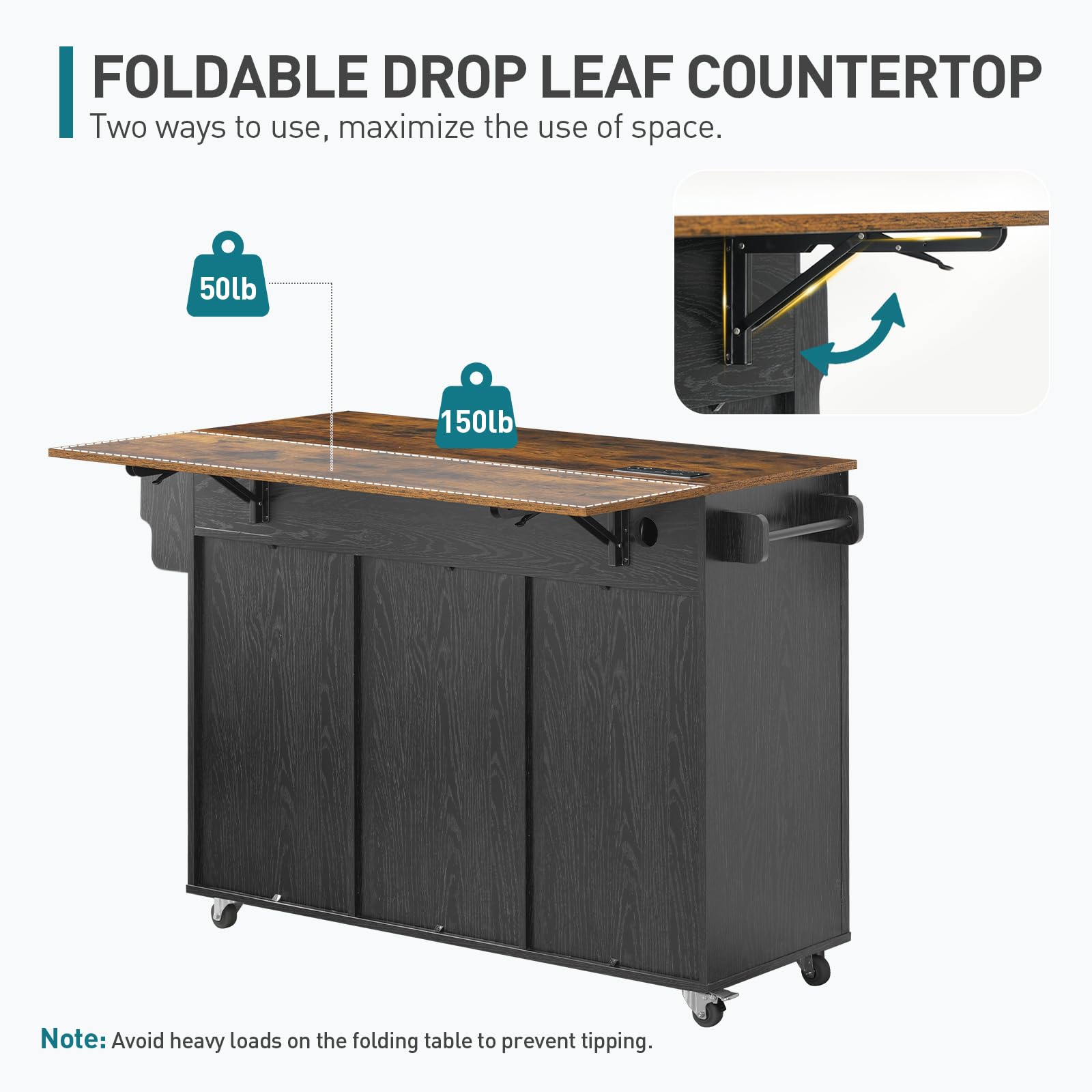 RALGEND Kitchen Island with Storage, Kitchen Cart with Charging Station, Rolling Kitchen Island Table with Drop-Leaf, 3 Drawers, Barn Doors, Towel Rack and Spice Rack, Black and Rustic Brown