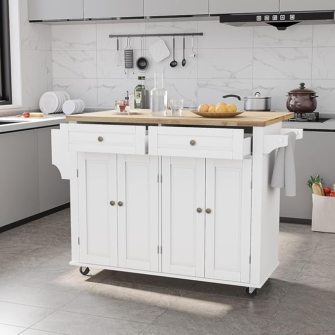 55" Kitchen Cart with Wood Top and Drop Leaf Breakfast Bar