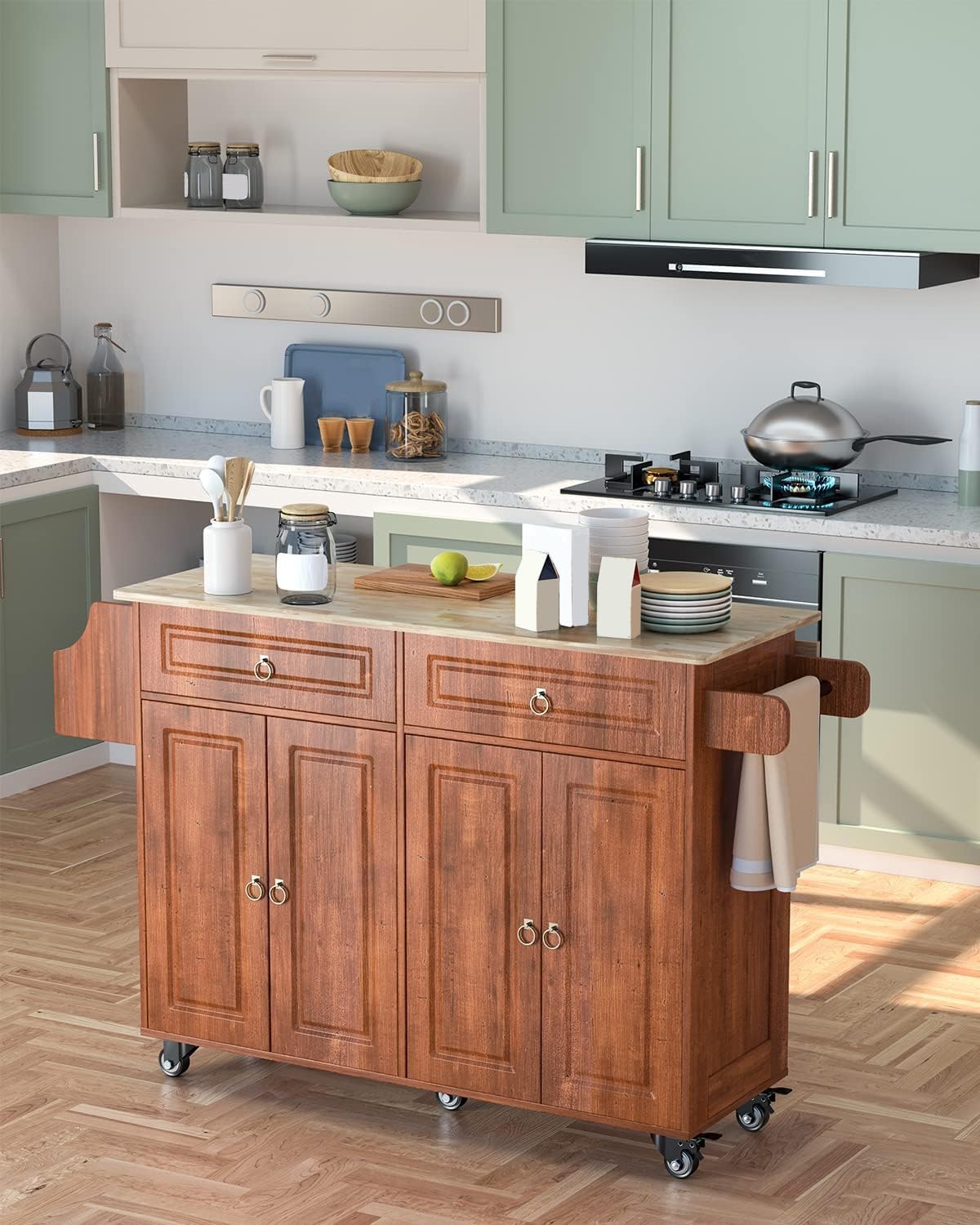 Kitchen Island with Drop Leaf and Storage, on Wheels Two Drawers