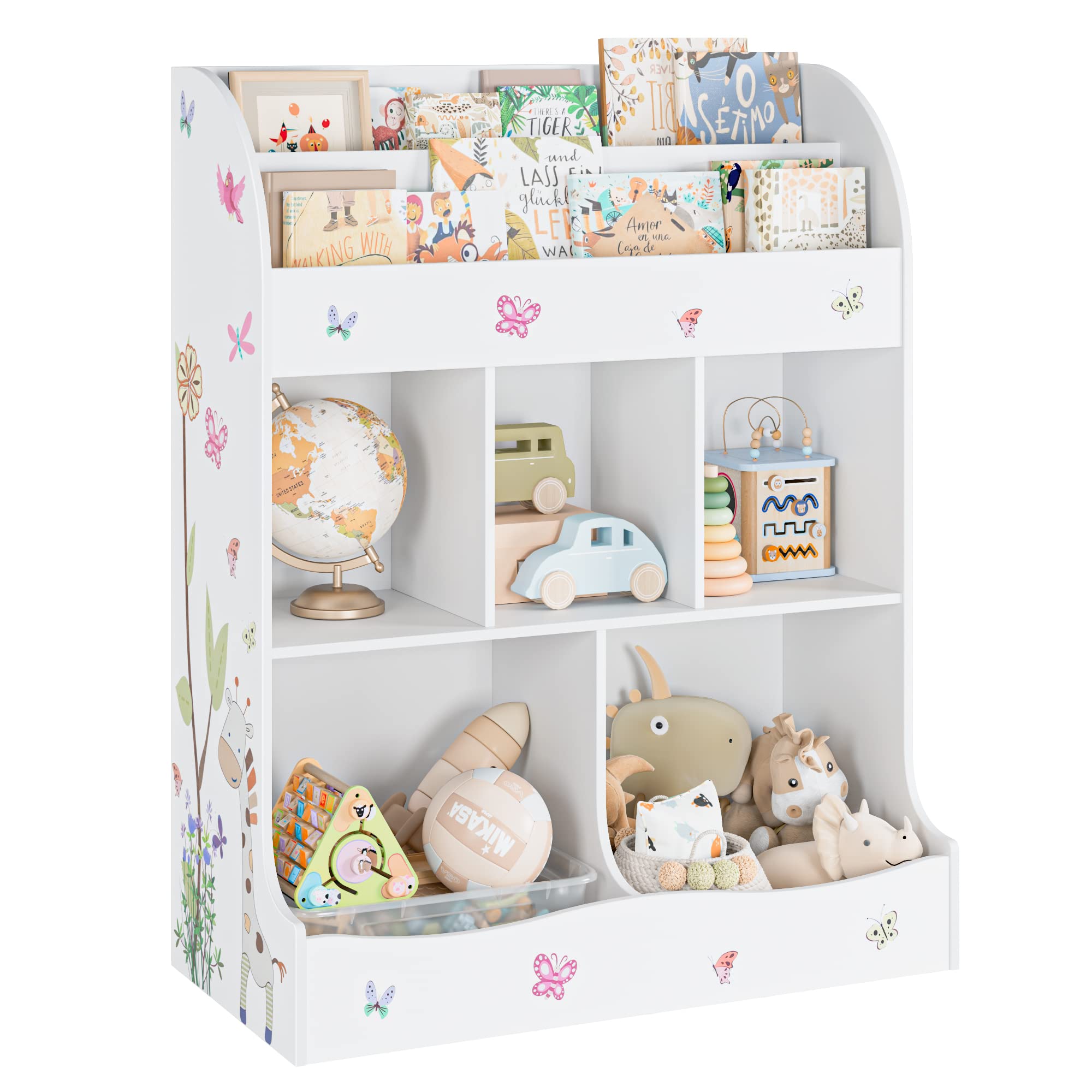 Kids Bookshelf and Toy Storage, 3 Tier Sling Montessori Bookcase with Toy Organizer