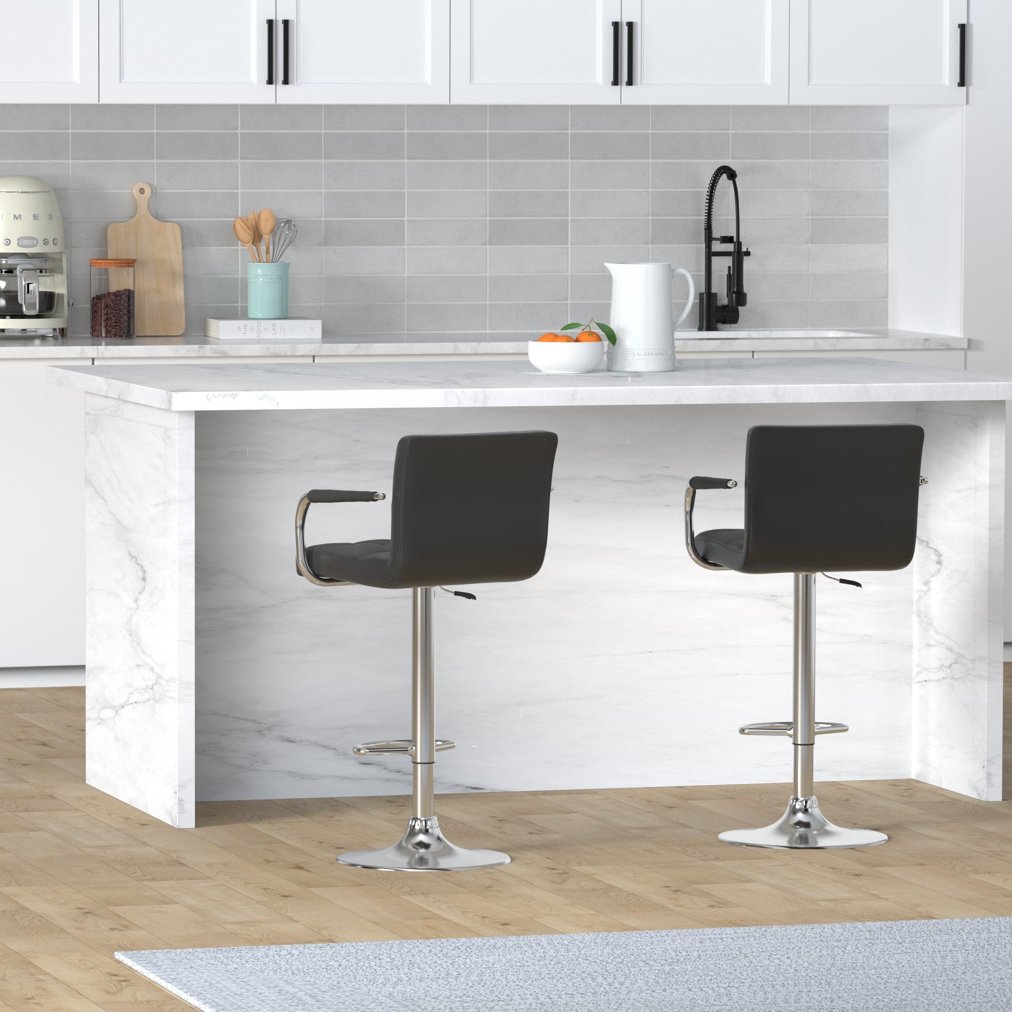 Adjustable Bar Stools with Armrest, Square Back Swivel Double Stitching