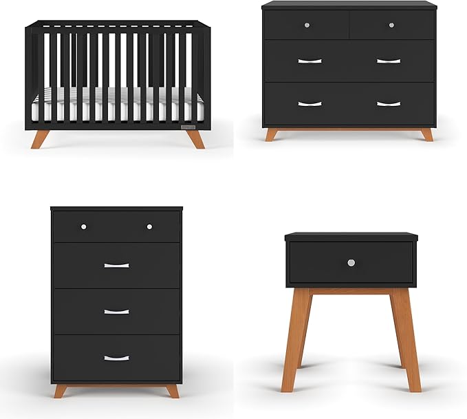 SOHO Crib, 3-Drawer Dresser, Chest, Nightstand, 4-Piece Nursery Set (White/Natural)