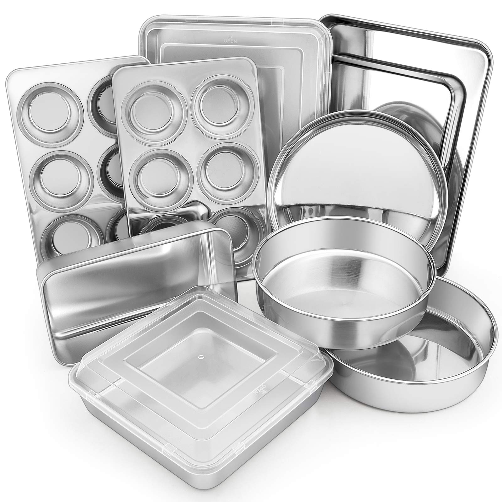 12-Piece Stainless Steel Bakeware Sets, Metal Baking Pan Set Include Round Cake Pans