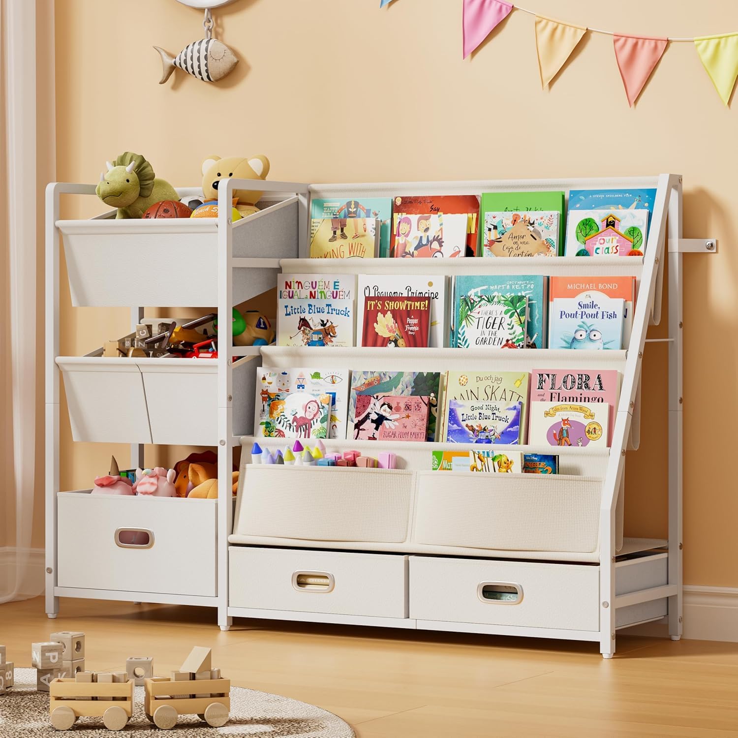 HAVLOTII Kids Bookshelf and Toy Storage - Book Shelf for Kids Rooms, Toddler Bookshelves Baby Bookcase for Nursery, Montessori Toy Organizer, 6 Toy Bins for Kids Toy Storage
